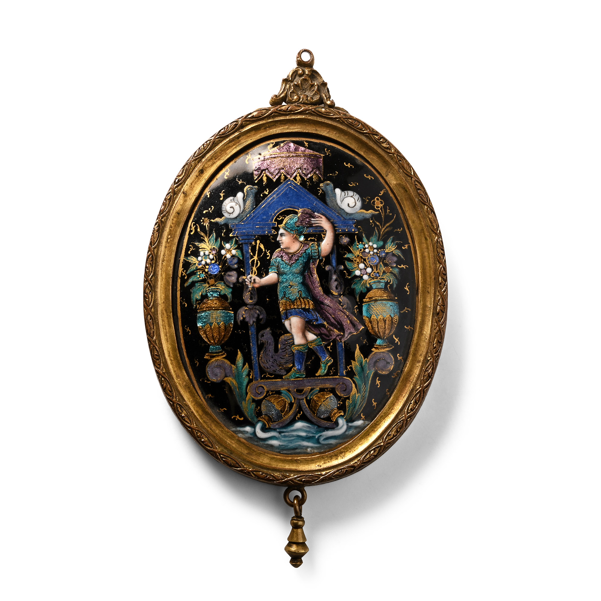 Post Medieval Gilt Enamelled Mirror Case Depicting the Roman God Mercury