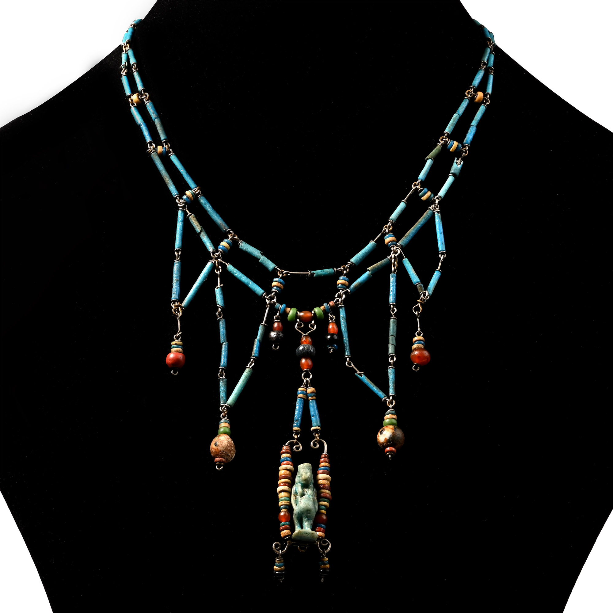 Egyptian Blue Faience Bead Necklace with Taweret