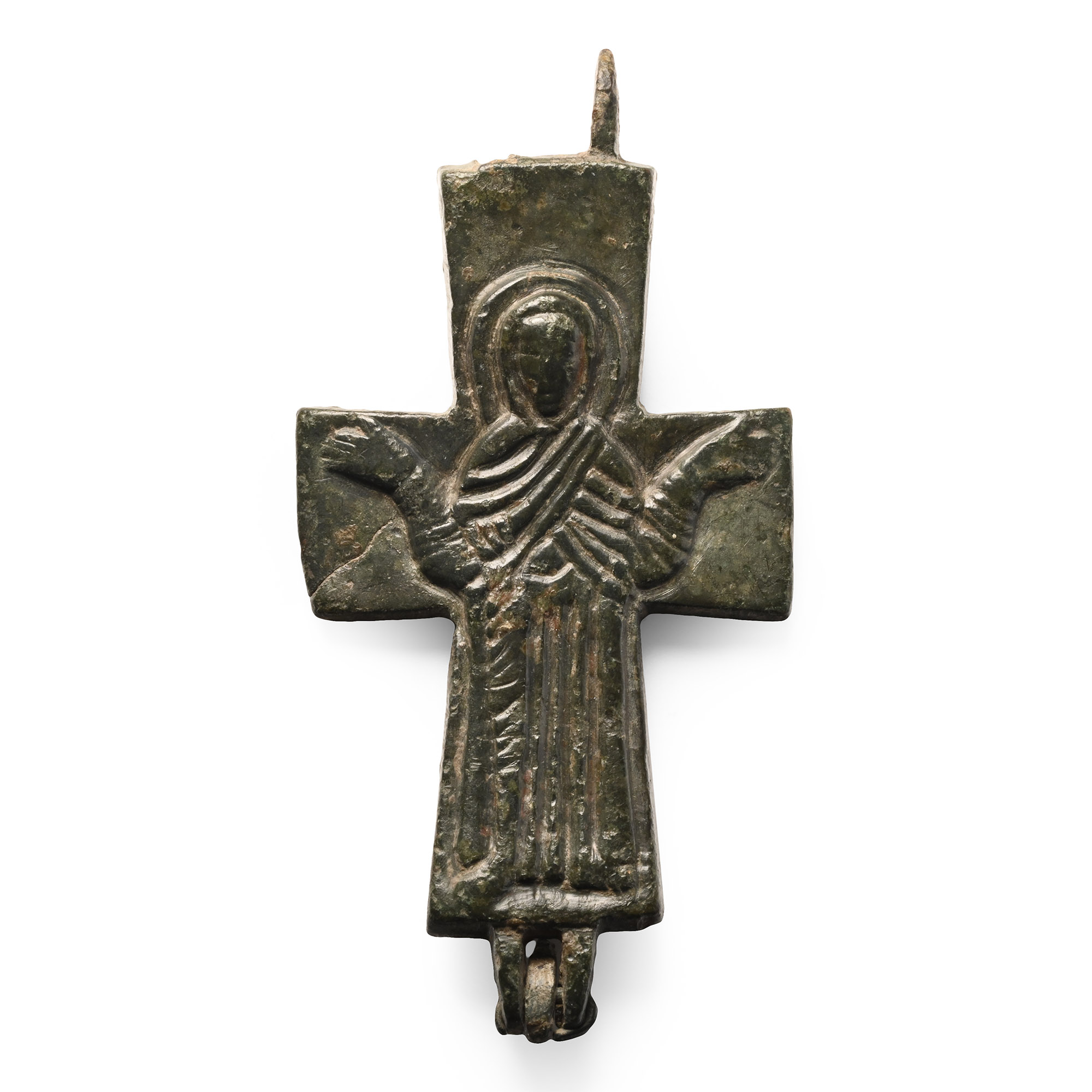 Byzantine Bronze Reliquary Cross Pendant Plate