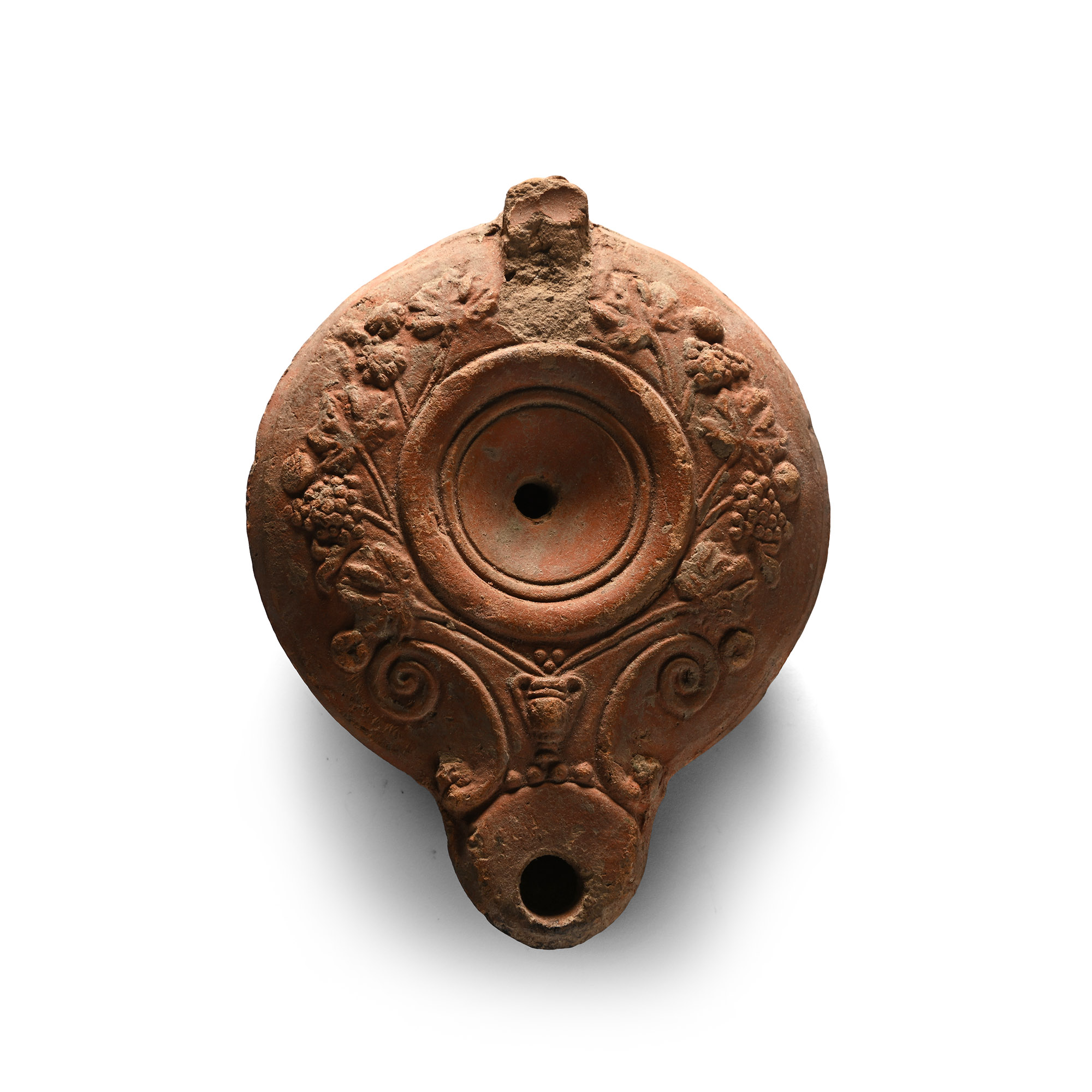 Roman Terracotta Oil Lamp with Grape Vines
