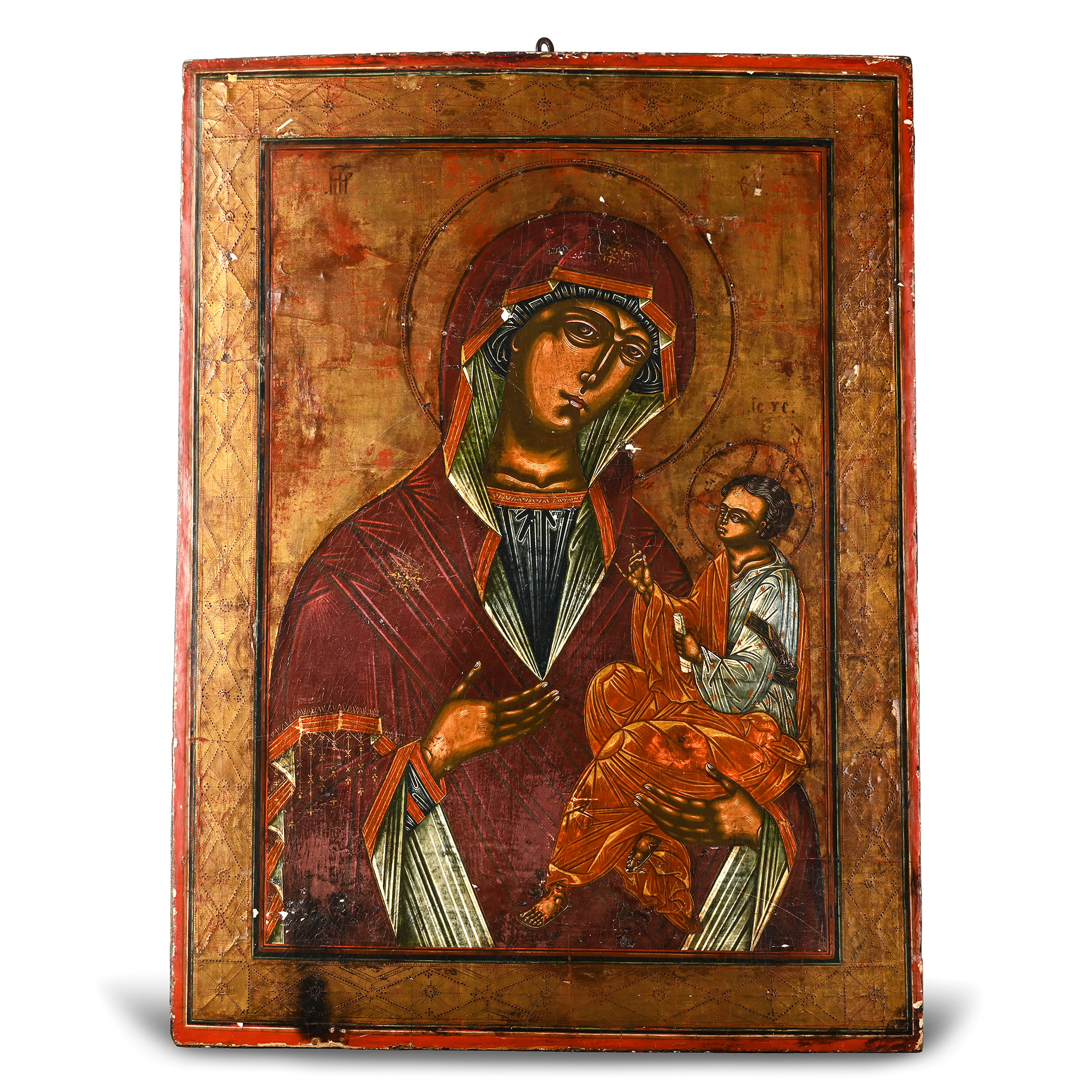 Large Painted Wooden Icon of Mother of God of Tikhvin