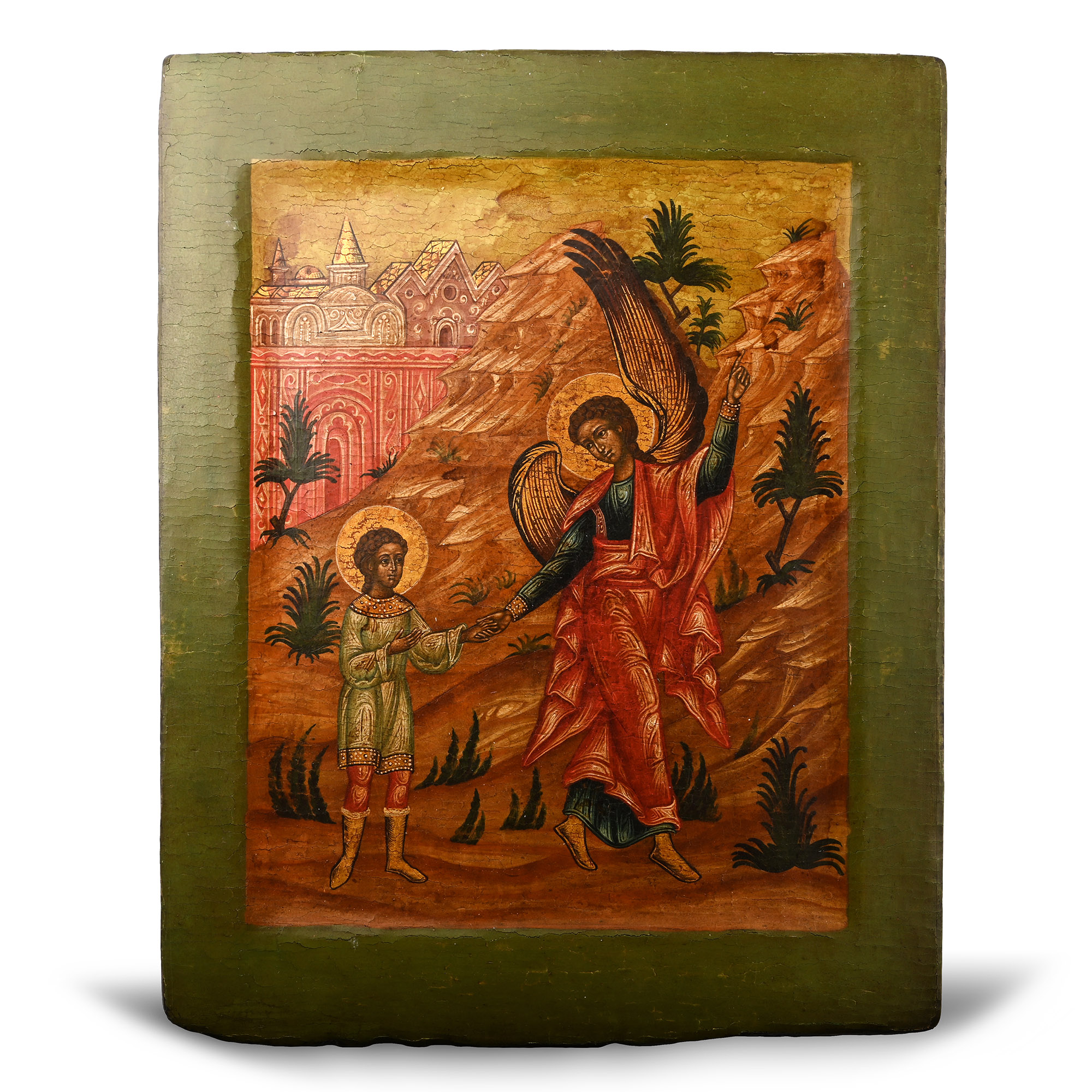 Painted Wooden Icon with Tobias and the Angel