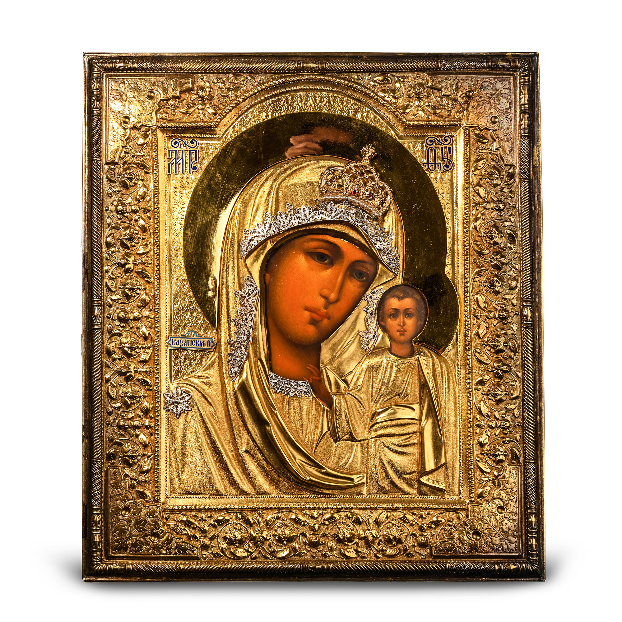 Russian Wooden Icon of the Virgin of Kazan with Silver-Gilt Riza