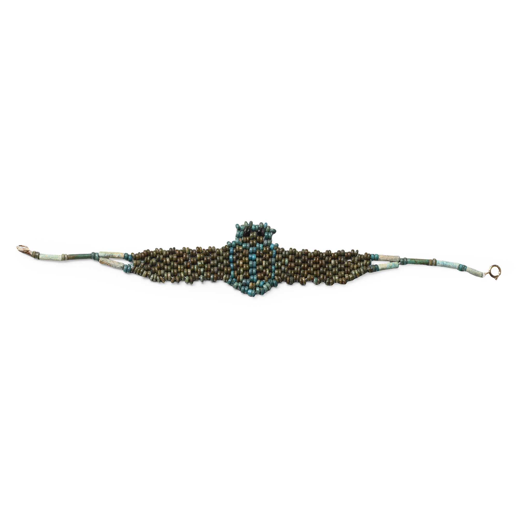 Egyptian Faience Mummy Bead Bracelet with Winged Scarab