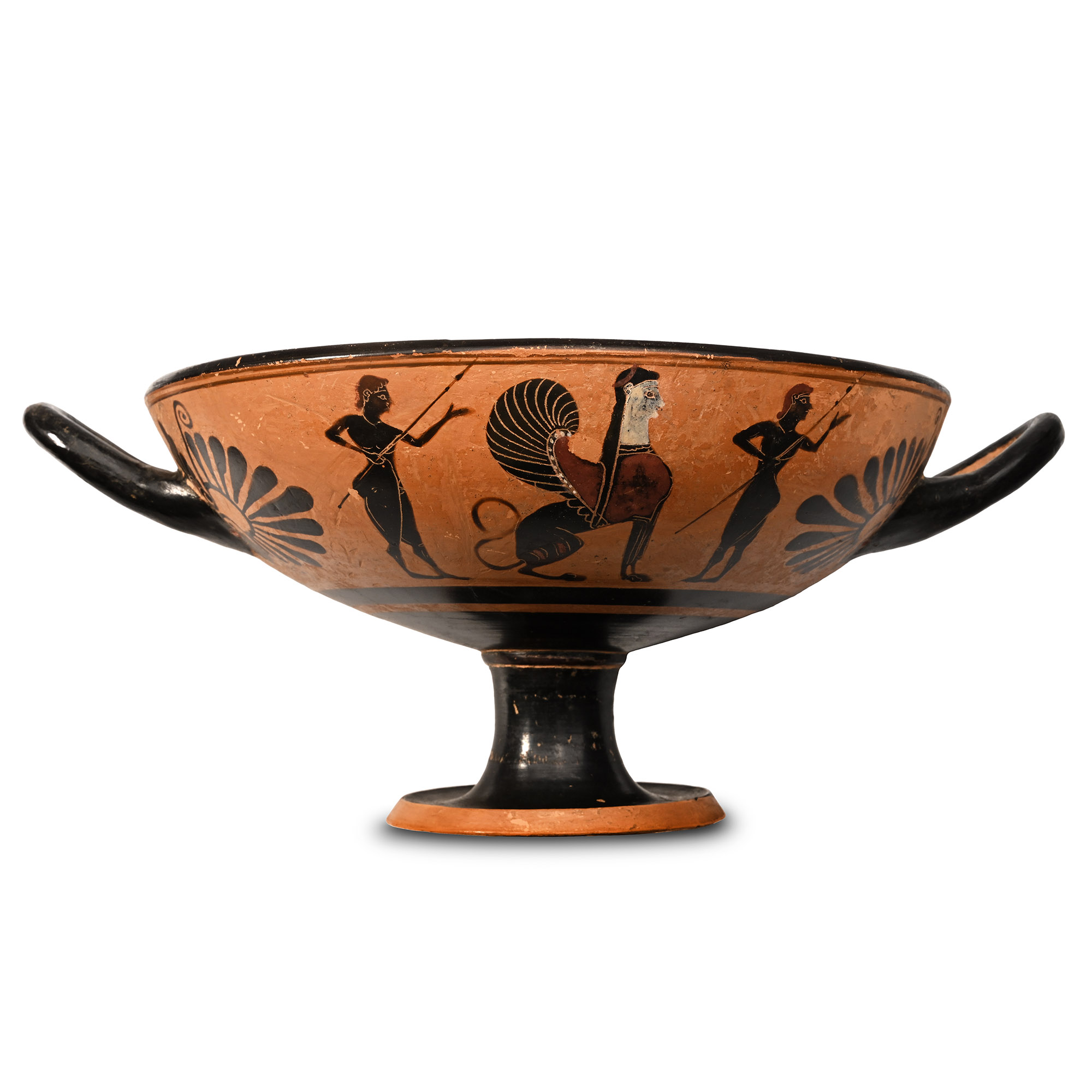 Greek Black-Figure Kylix with Warriors and Sphinxes