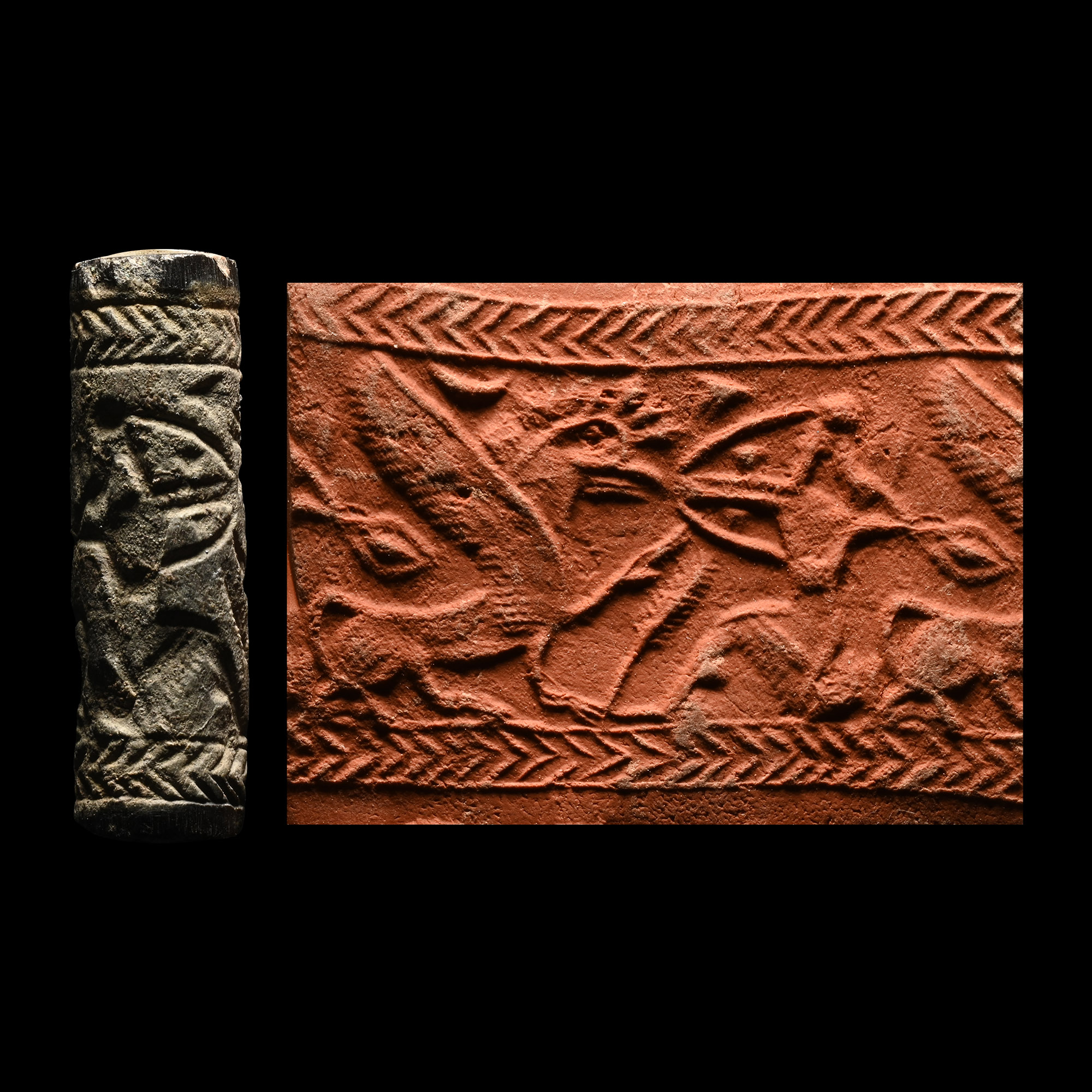 Neo-Assyrian Grey Stone Cylinder Seal with Kneeling God