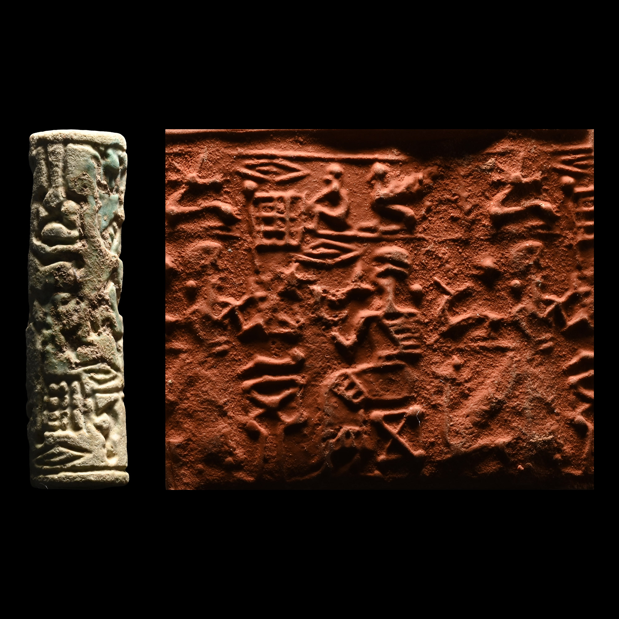 Middle Elamite Glazed Faience Cylinder Seal with Feasting Scene