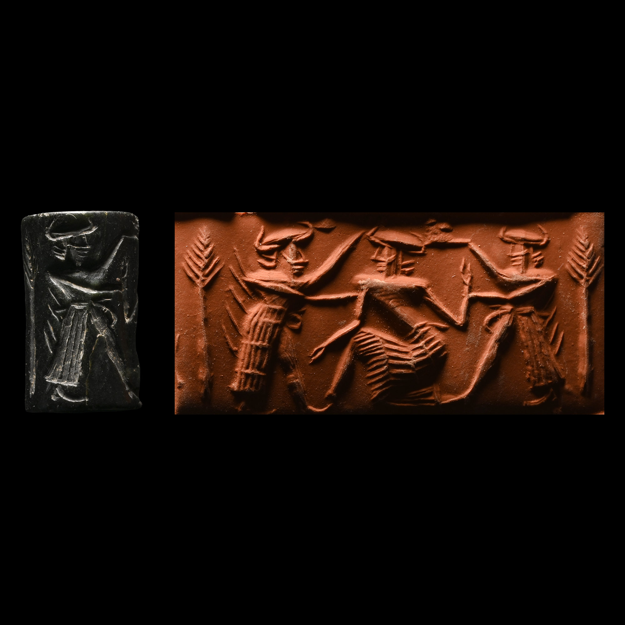 Akkadian Black Stone Cylinder Seal with Combat Scene
