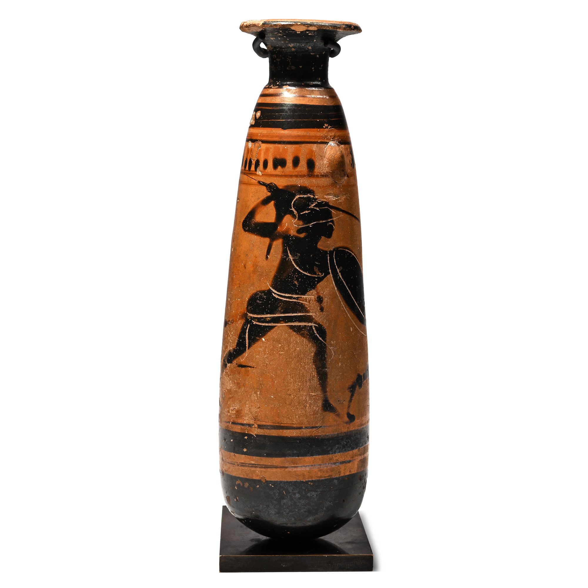 Greek black-figure alabastron with a hoplite striding into the attack