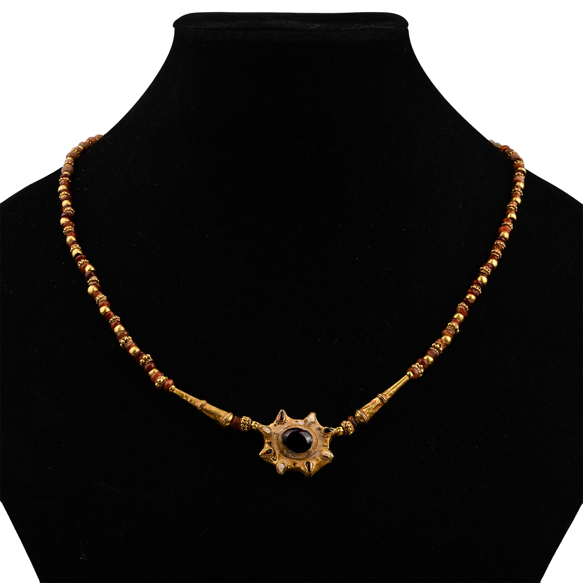 Greek Gold and Carnelian Necklace with Garnet-Set Pendant