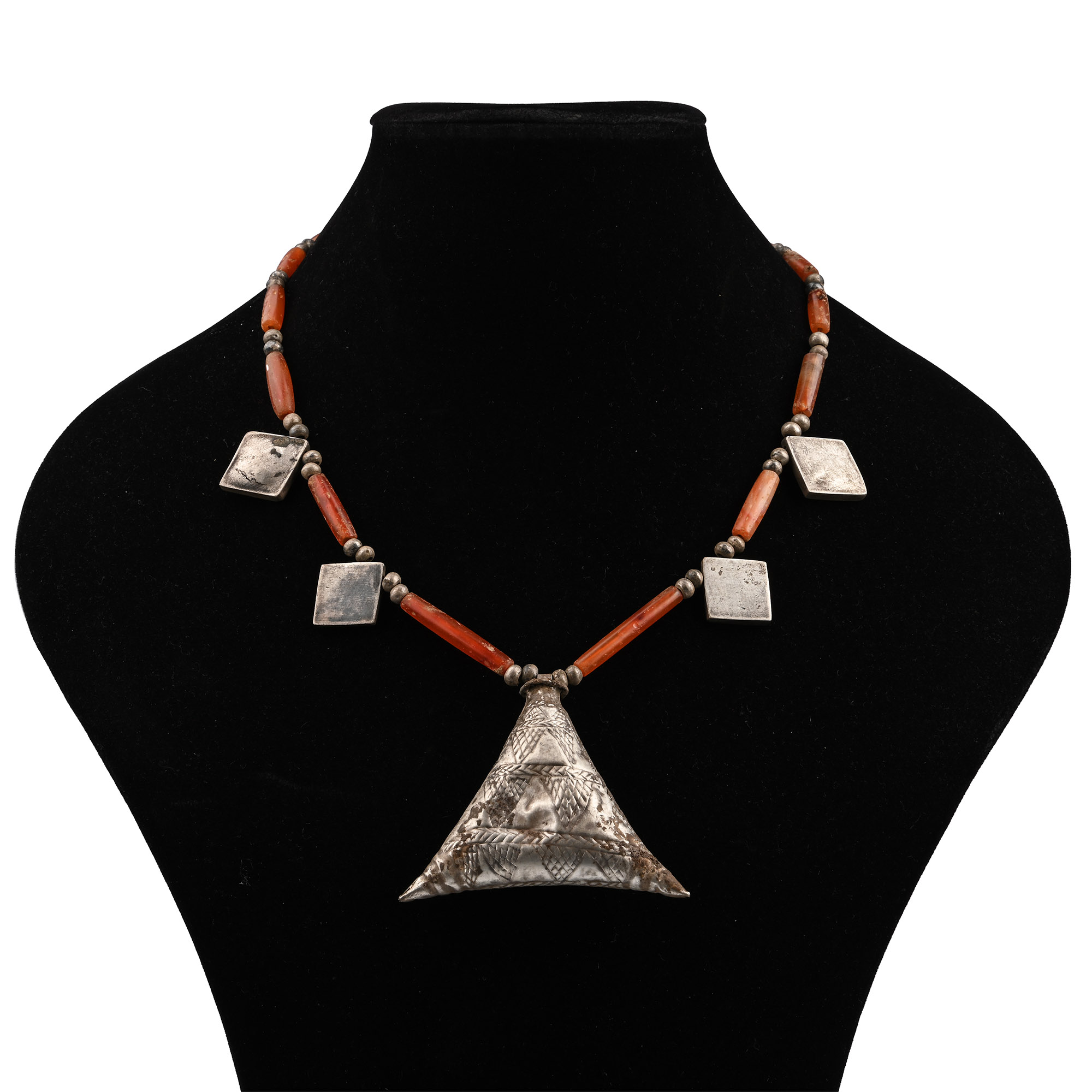 Elamite Carnelian Necklace with Large Silver Triangular Pendant