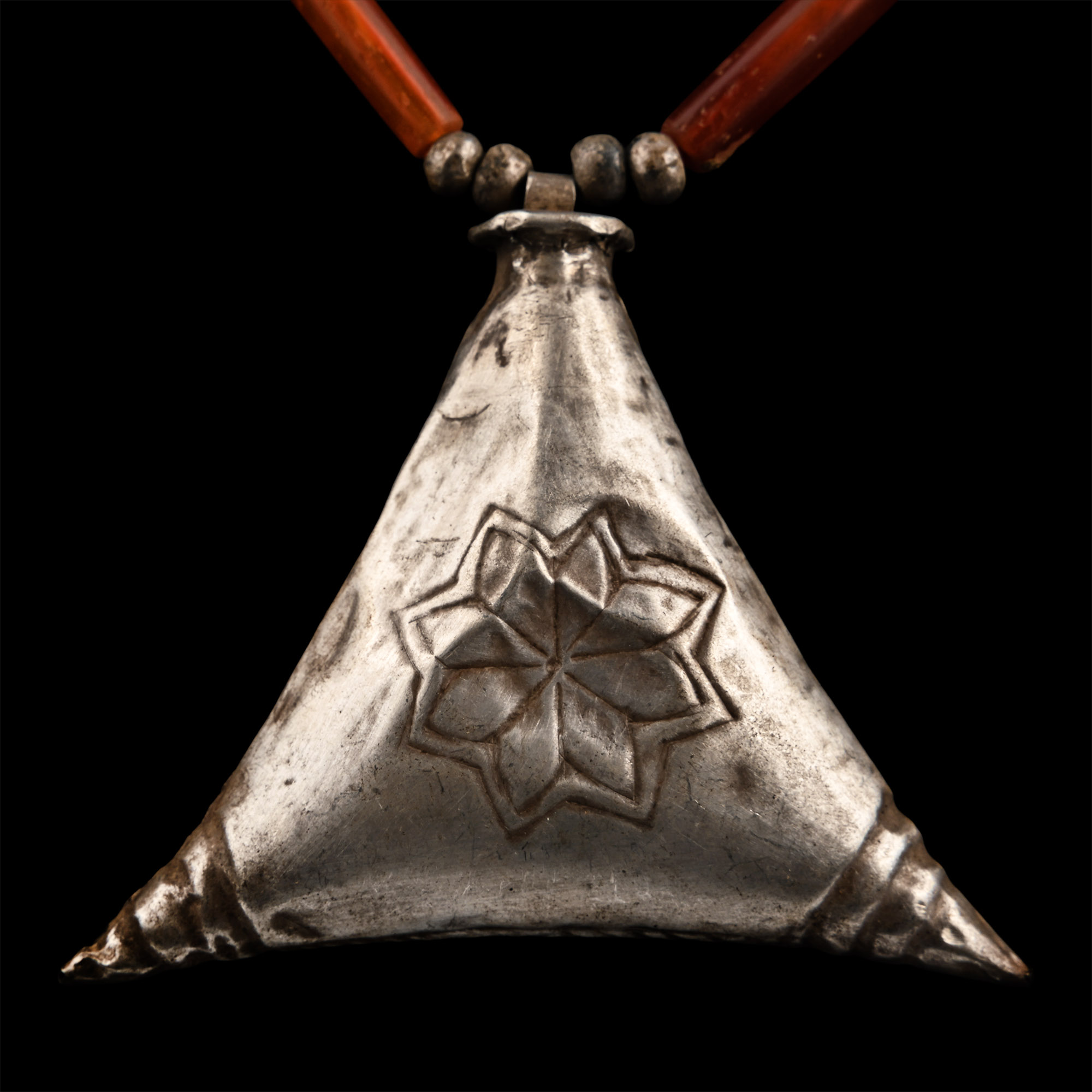 Elamite Carnelian Necklace with Large Silver Triangular Pendant