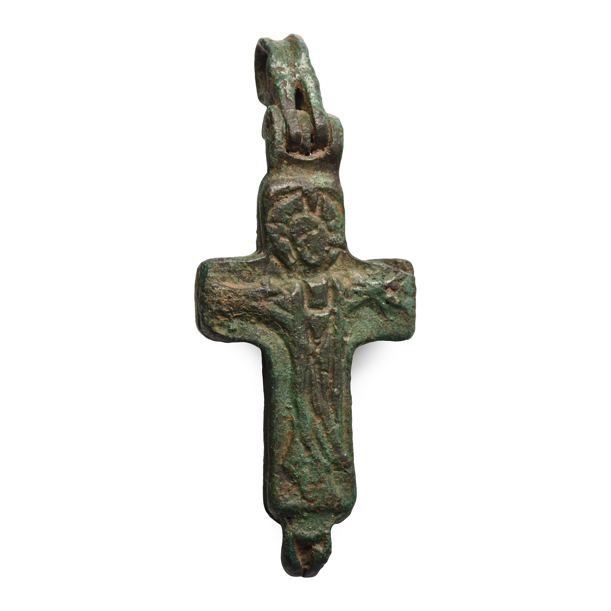 Reliquary Bronze Cross Pendant with Dark Age Inscription to Reverse
