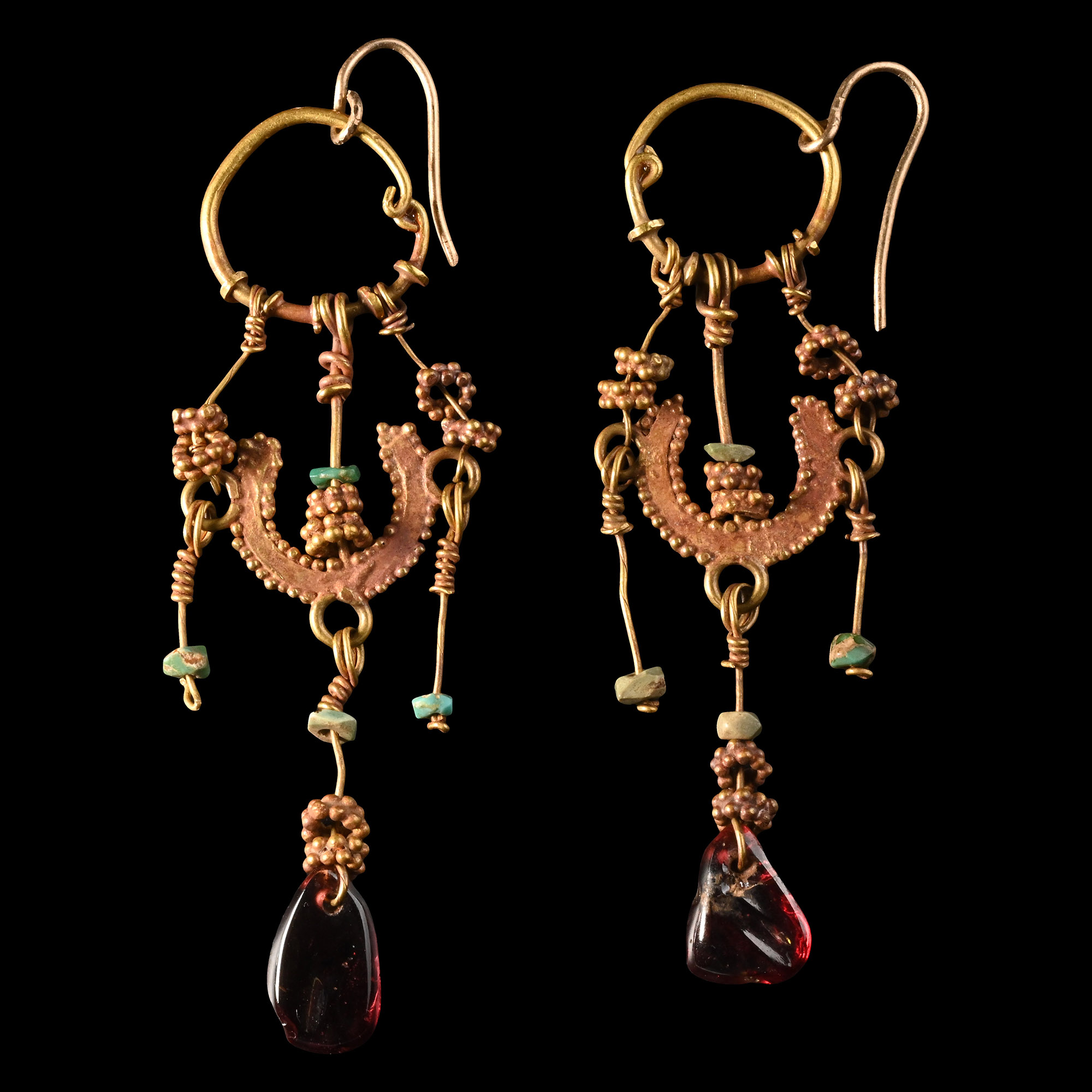 Roman Gold Earring Pair with Gemstone Drops