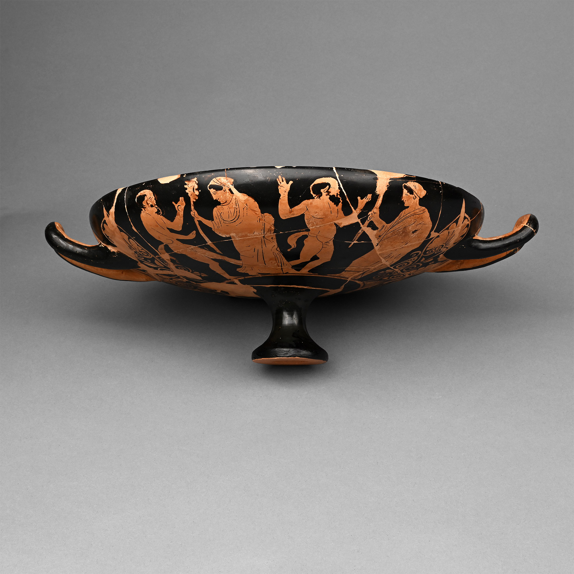 Greek Red-Figure Kylix with Dancing Nymphs and Satyrs