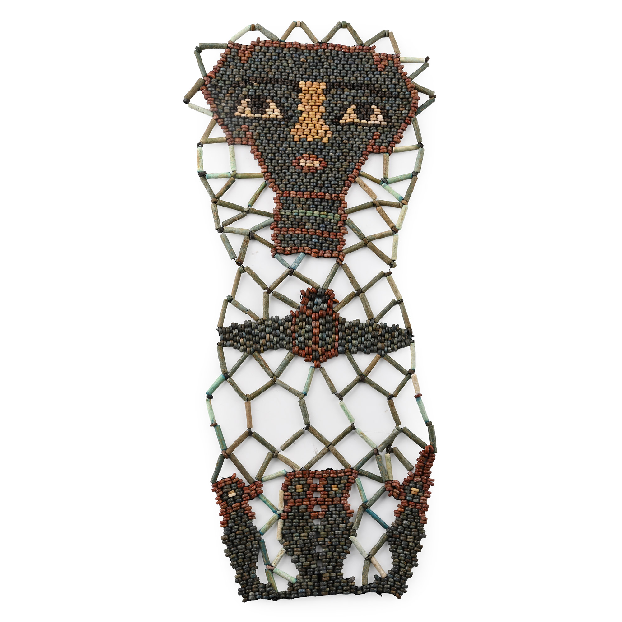 Egyptian Faience Mummy Bead Mask with Scarab and Four Sons of Horus