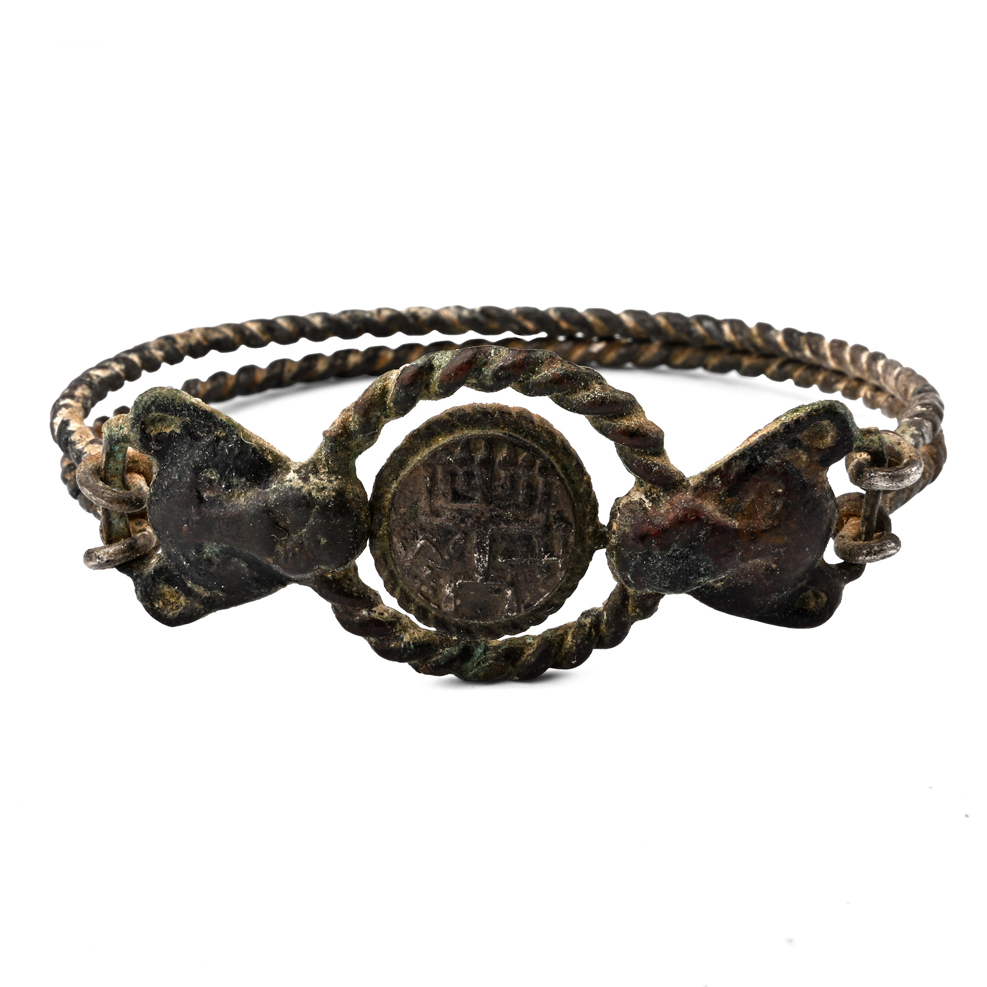Judean Silver Bracelet with Lion-Head Terminals Holding a Menorah