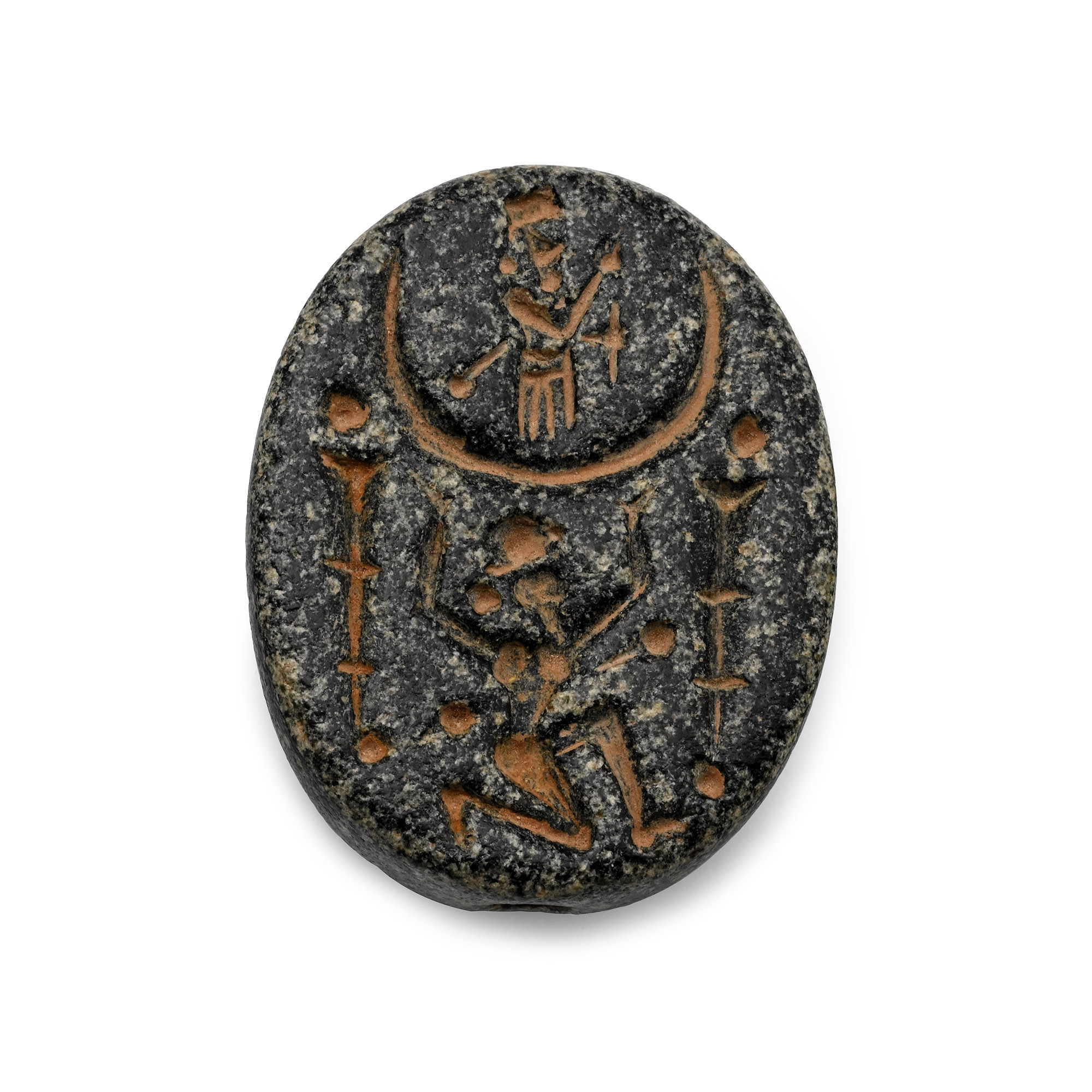 Large Western Asiatic Stone Scaraboid with King and Crescent Supports