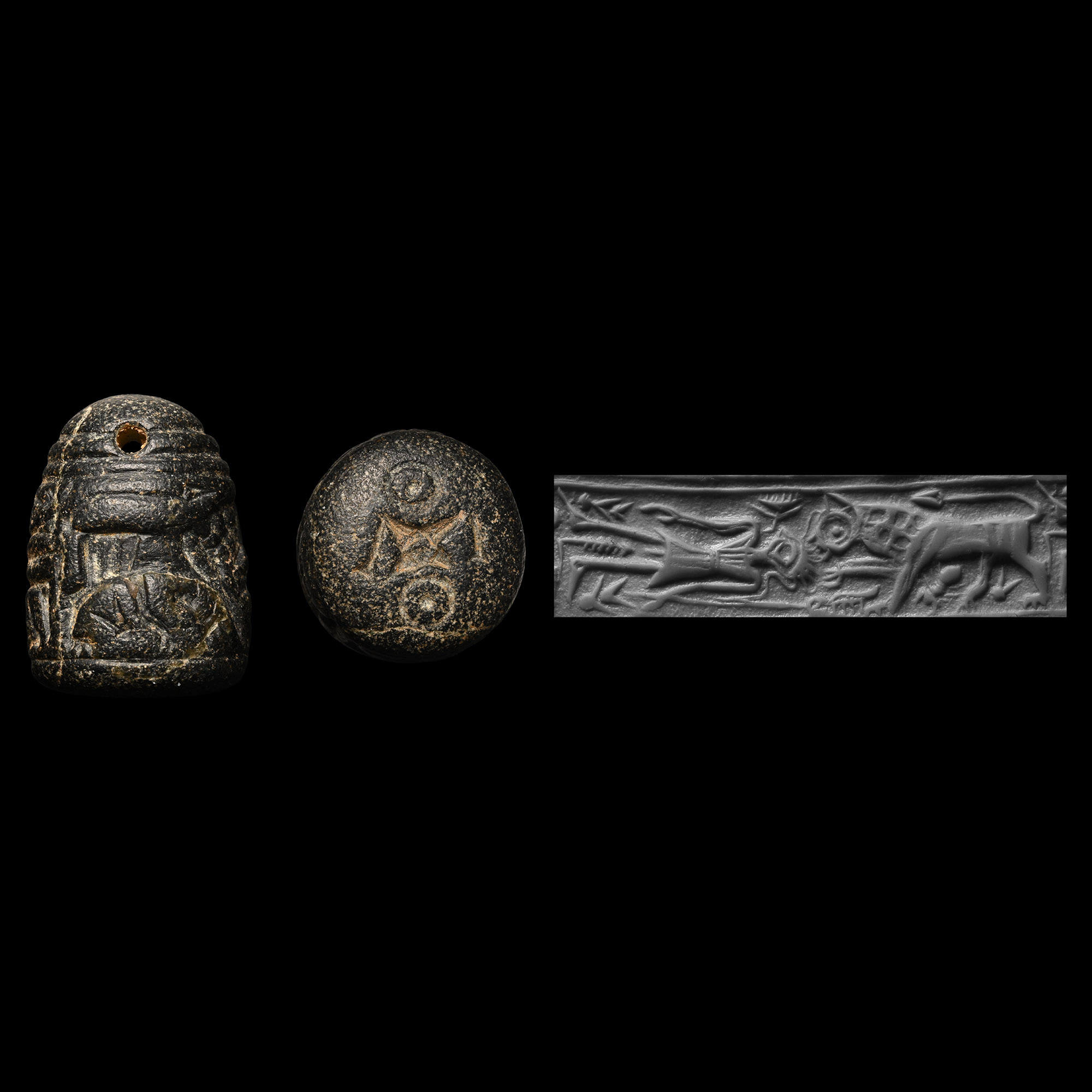 Western Asiatic Black Stone Cylinder and Stamp Seal with Animal Frieze