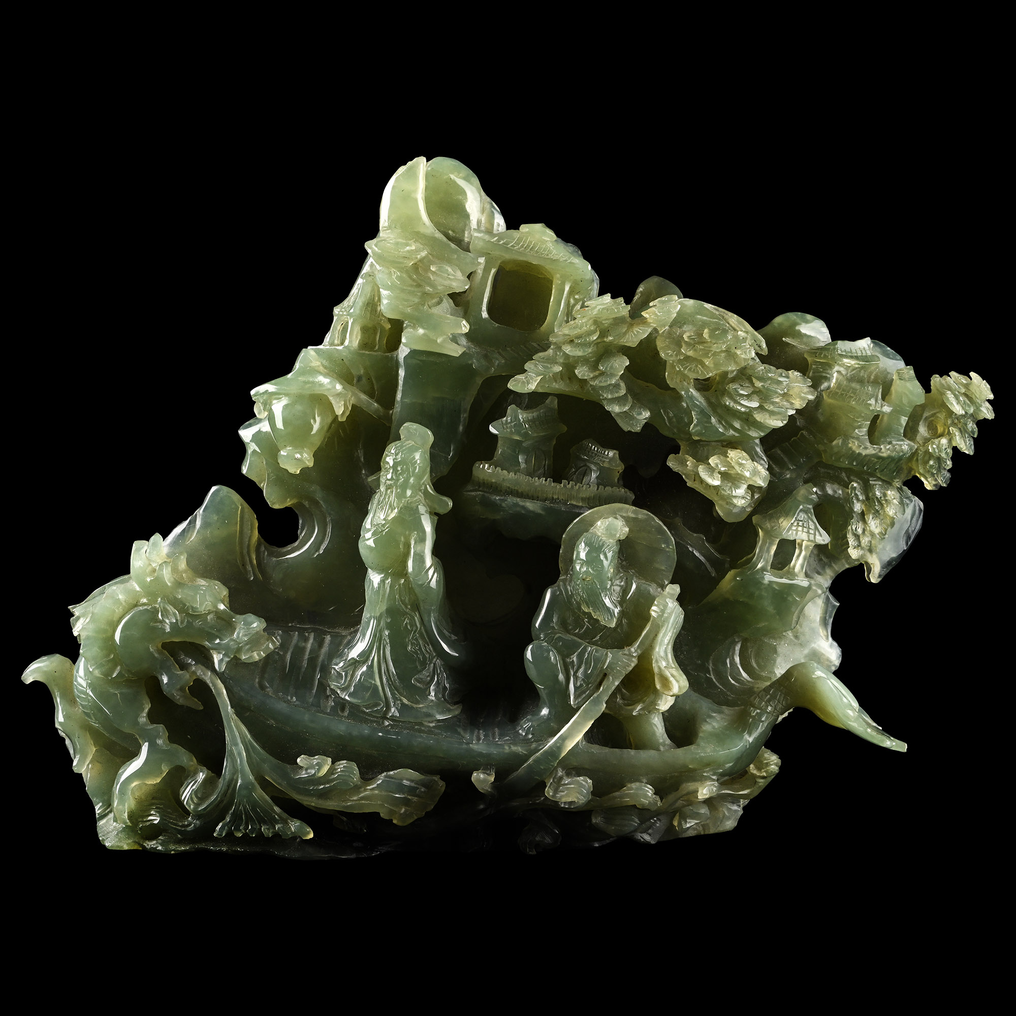 Chinese Bifacial Green Stone Carving of a Dragon Attacking a Boat