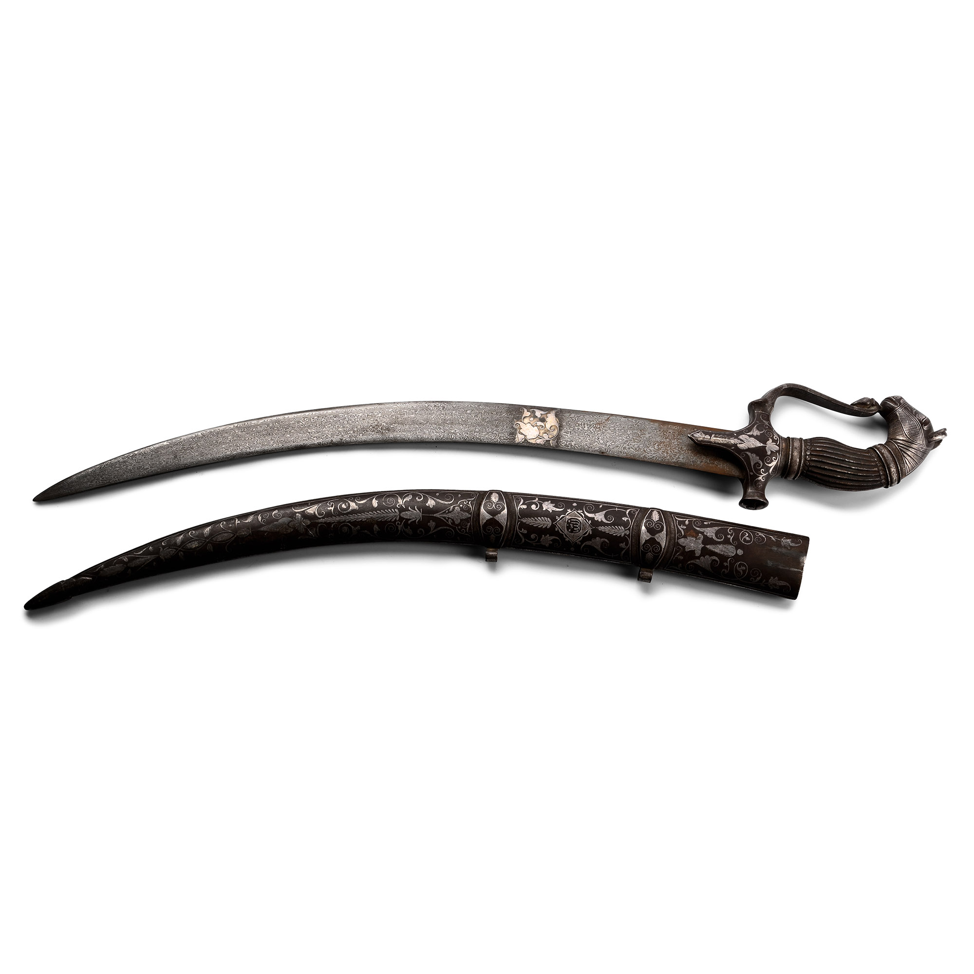 Indo-Persian Inlaid Iron Talwar with Scabbard