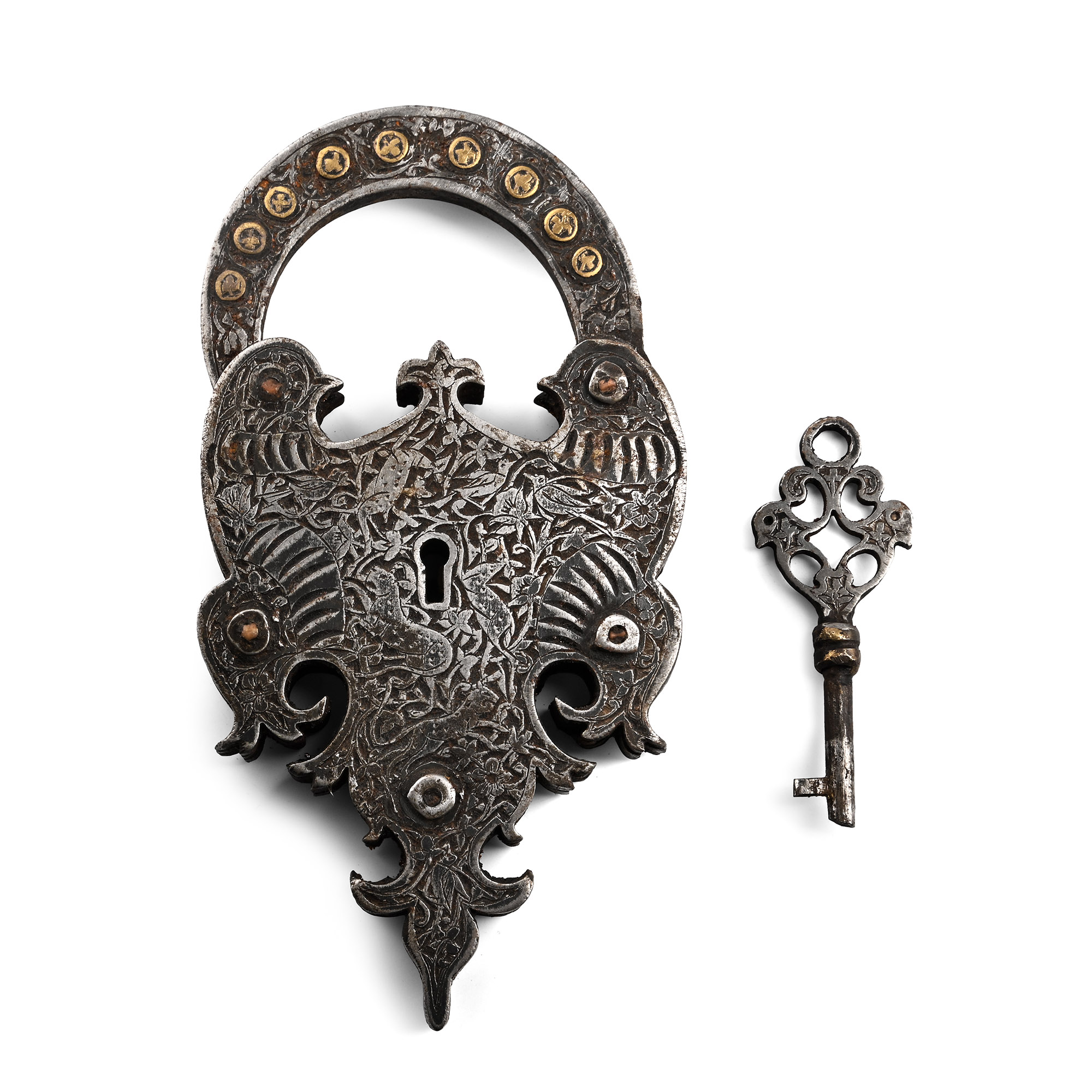 Large Western Asiatic Qajar Style Iron Padlock with Key