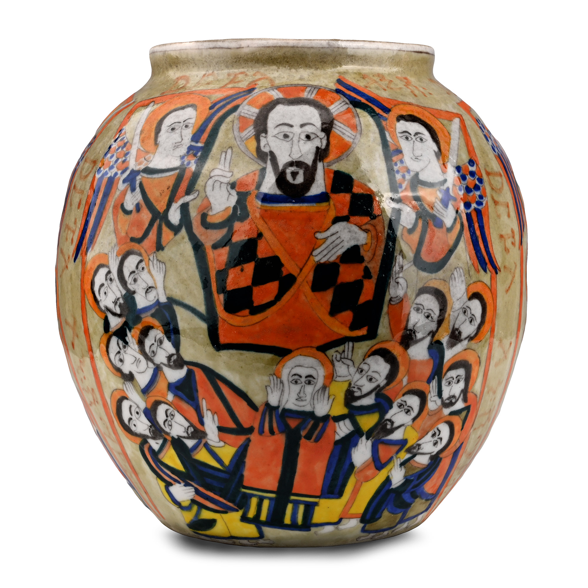 Large Armenian Glazed Ceramic Storage Vessel with Religious Scenes