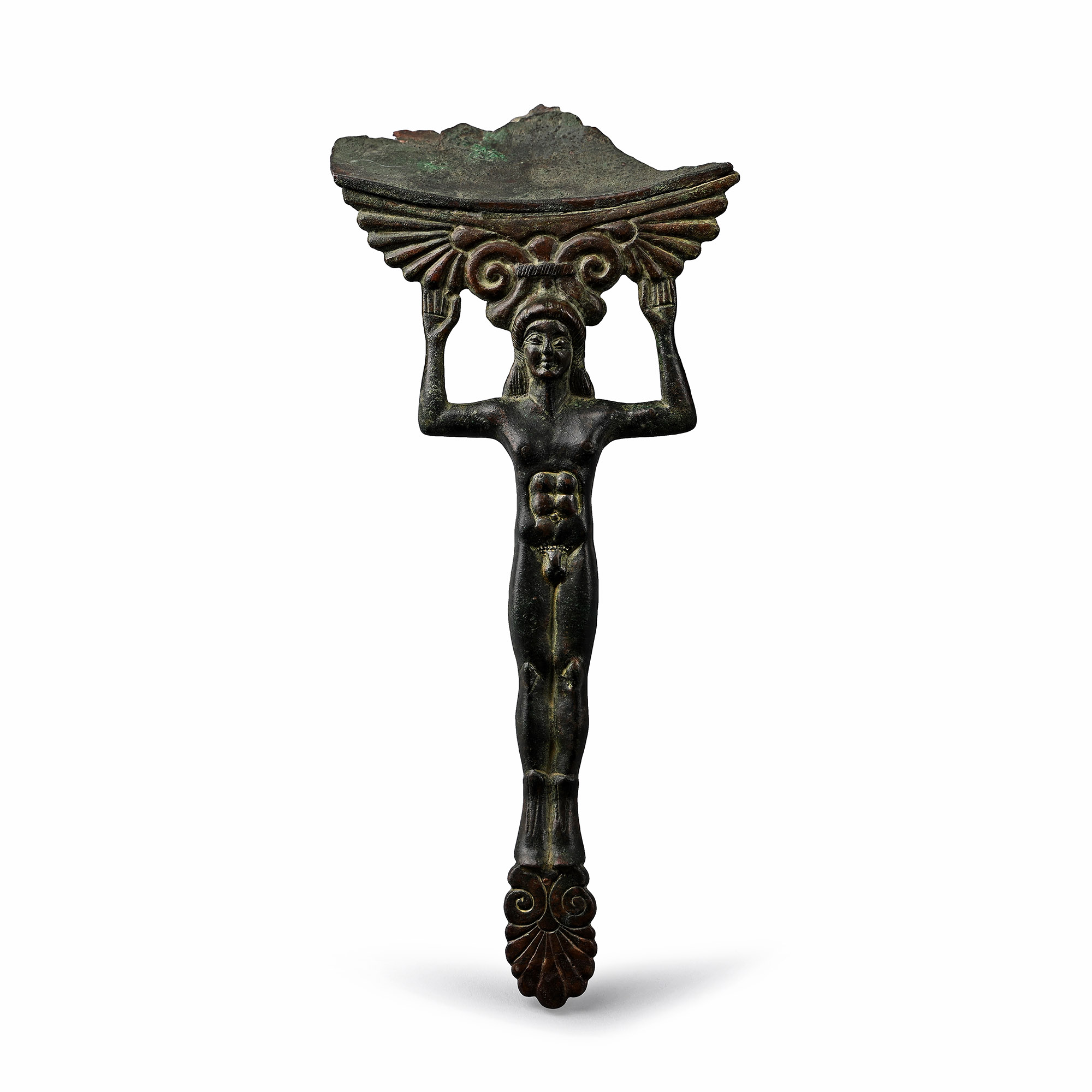 Greek Bronze Kouros Patera Handle with Bowl
