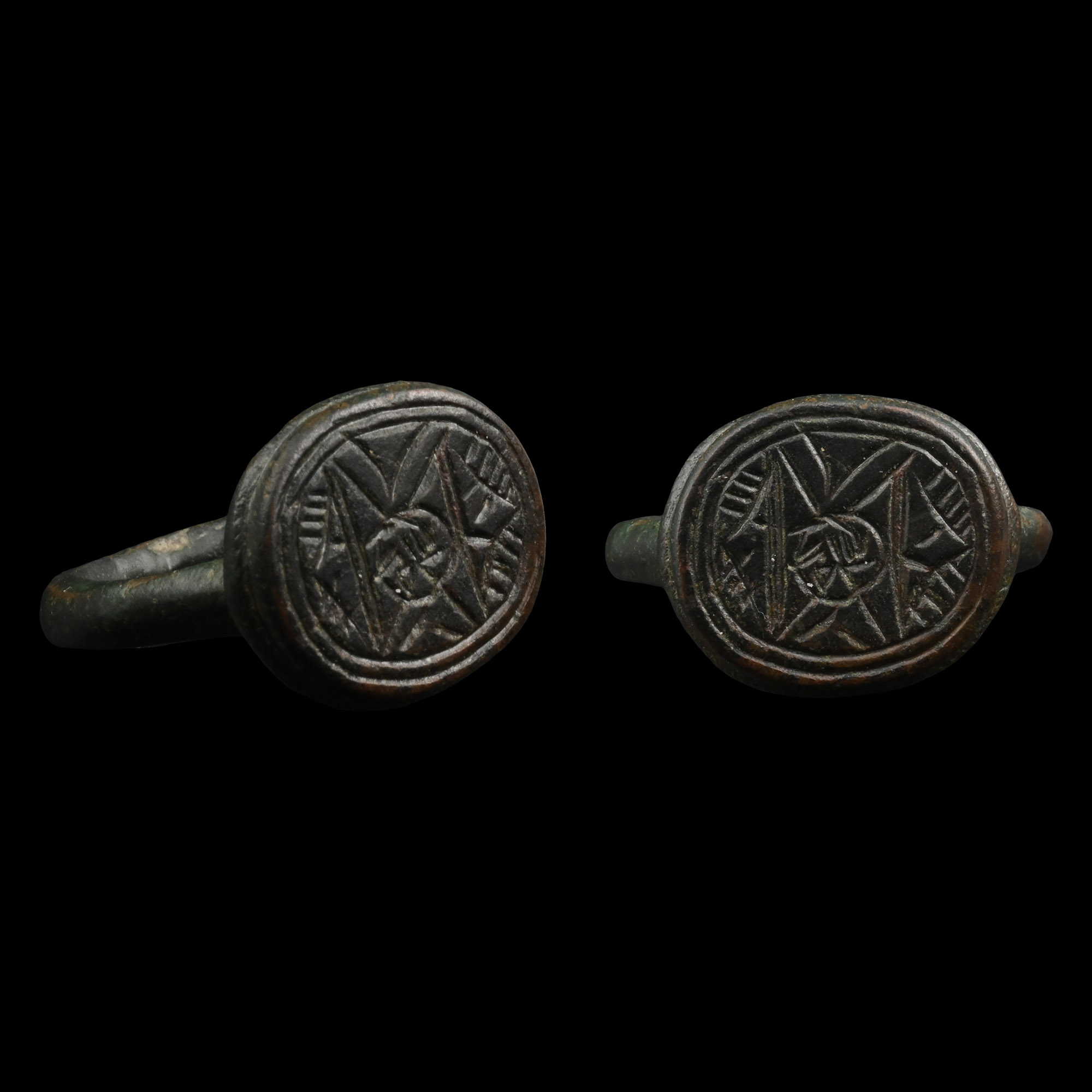 Medieval Decorated Bronze Ring with Magical Symbols