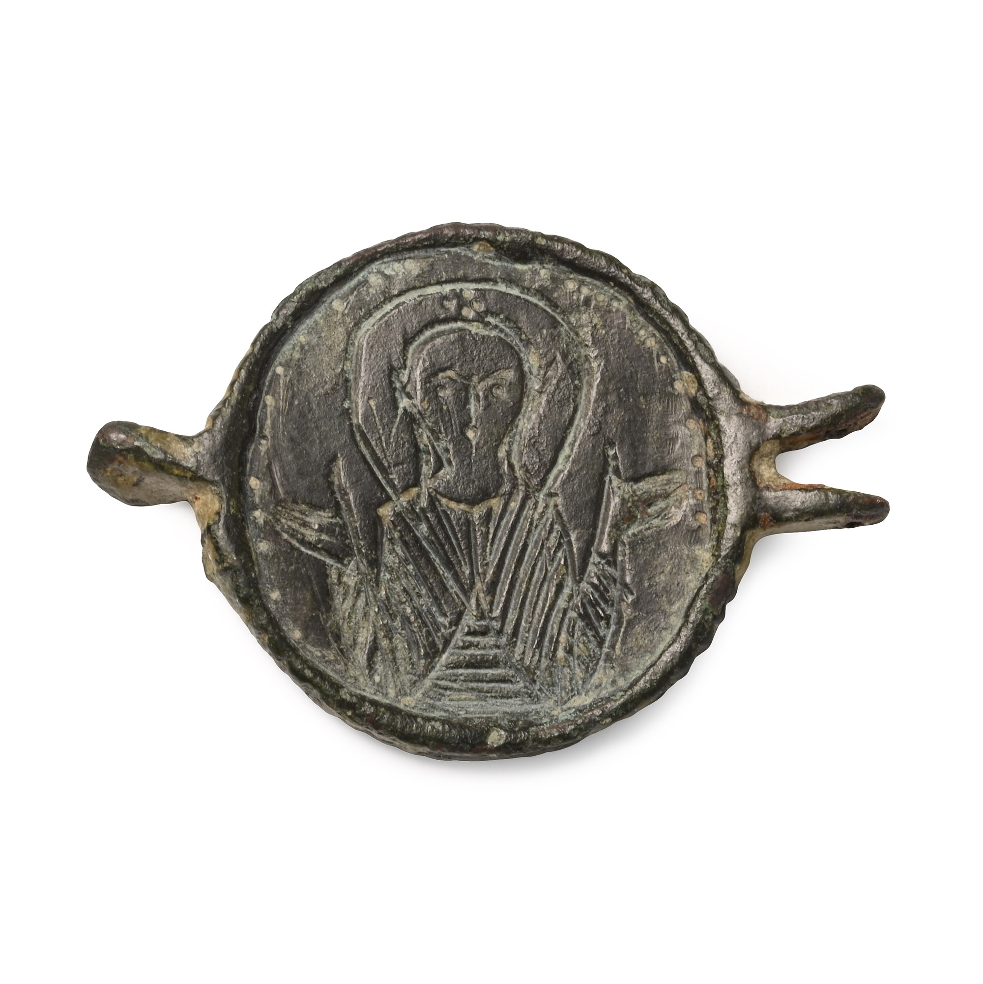 Byzantine Bronze Fitting with Christ and Saint