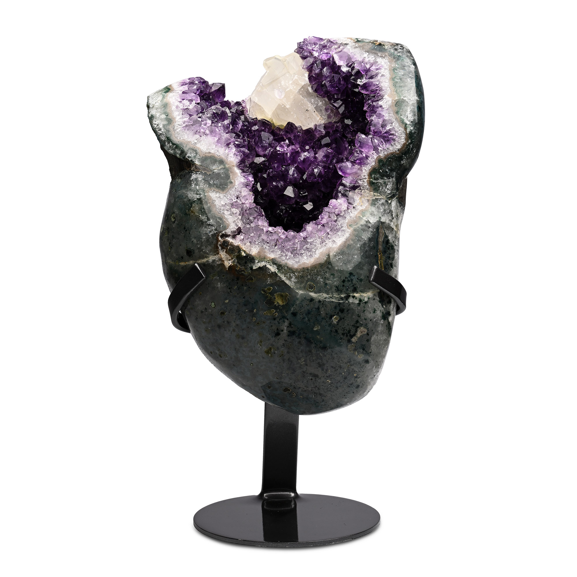 Polished Amethyst Crystal Geode Display with Calcite