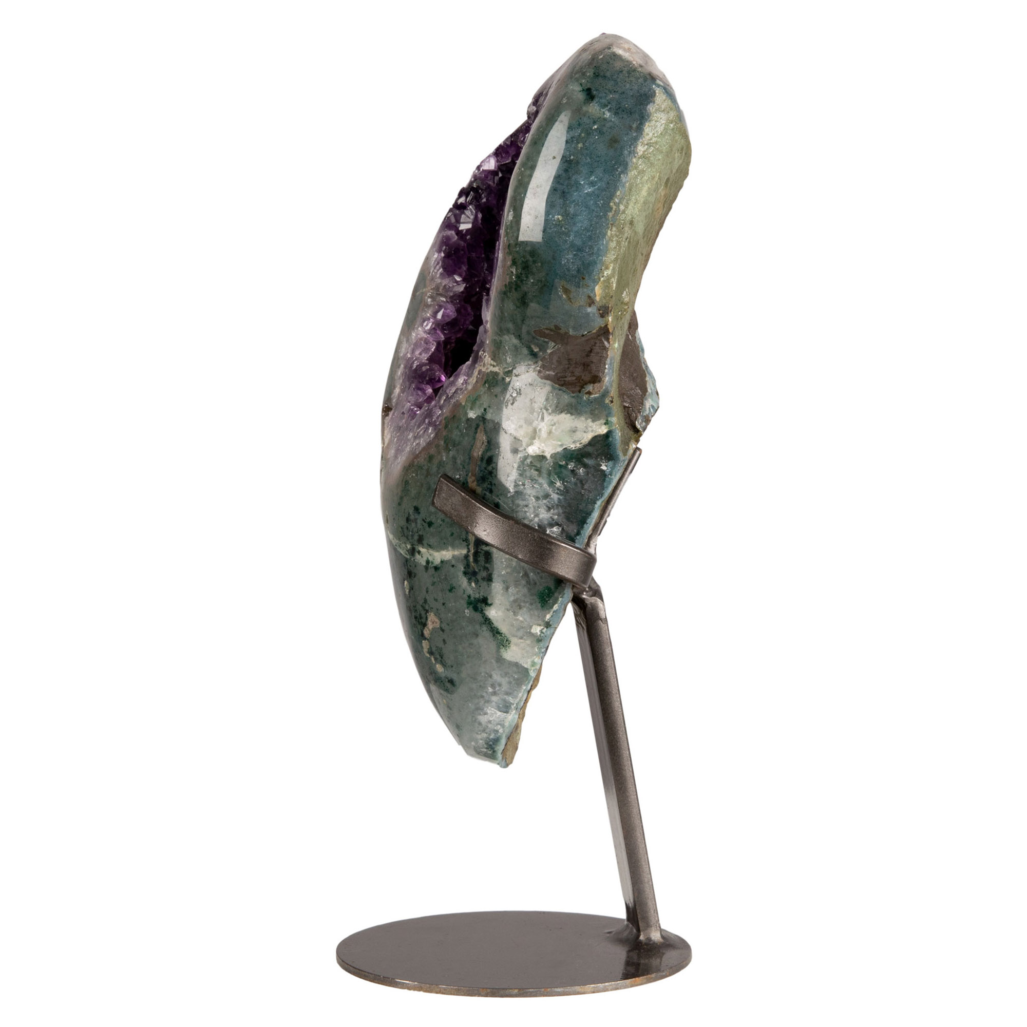 Polished Amethyst Crystal Geode Display with Calcite