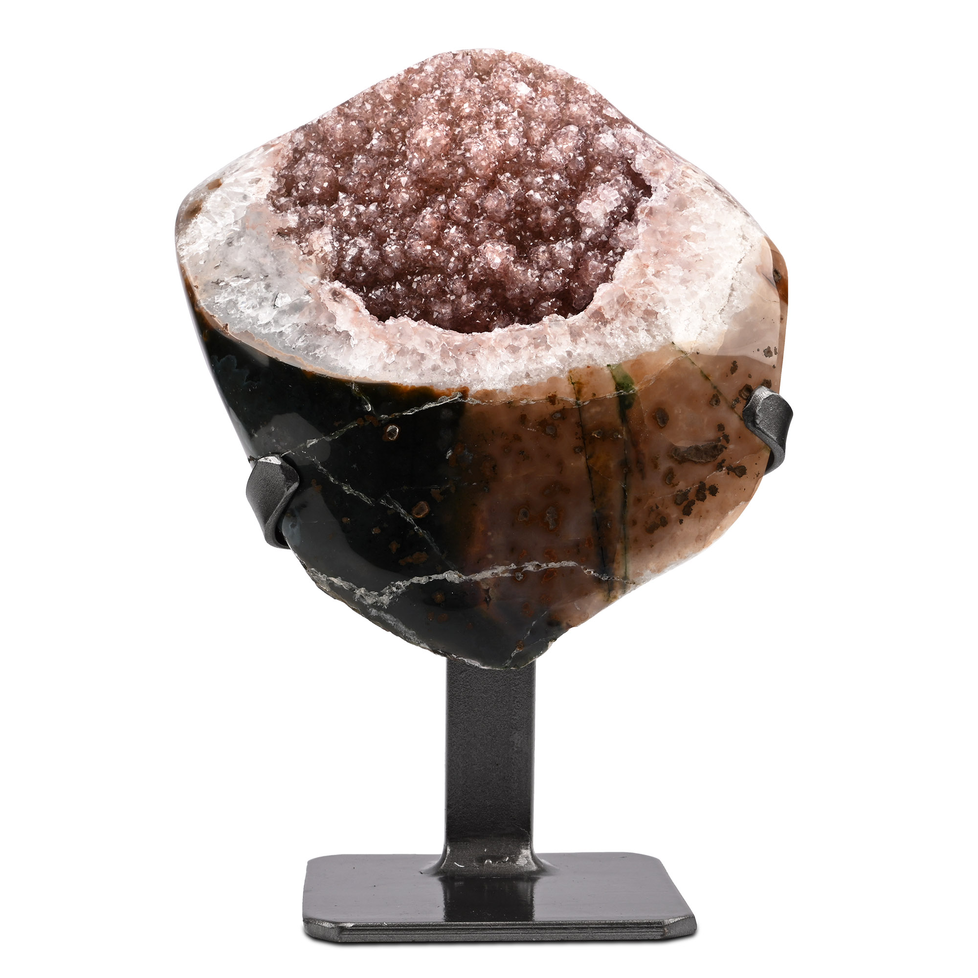 Agate Geode Display with Pink Druzy Quartz
