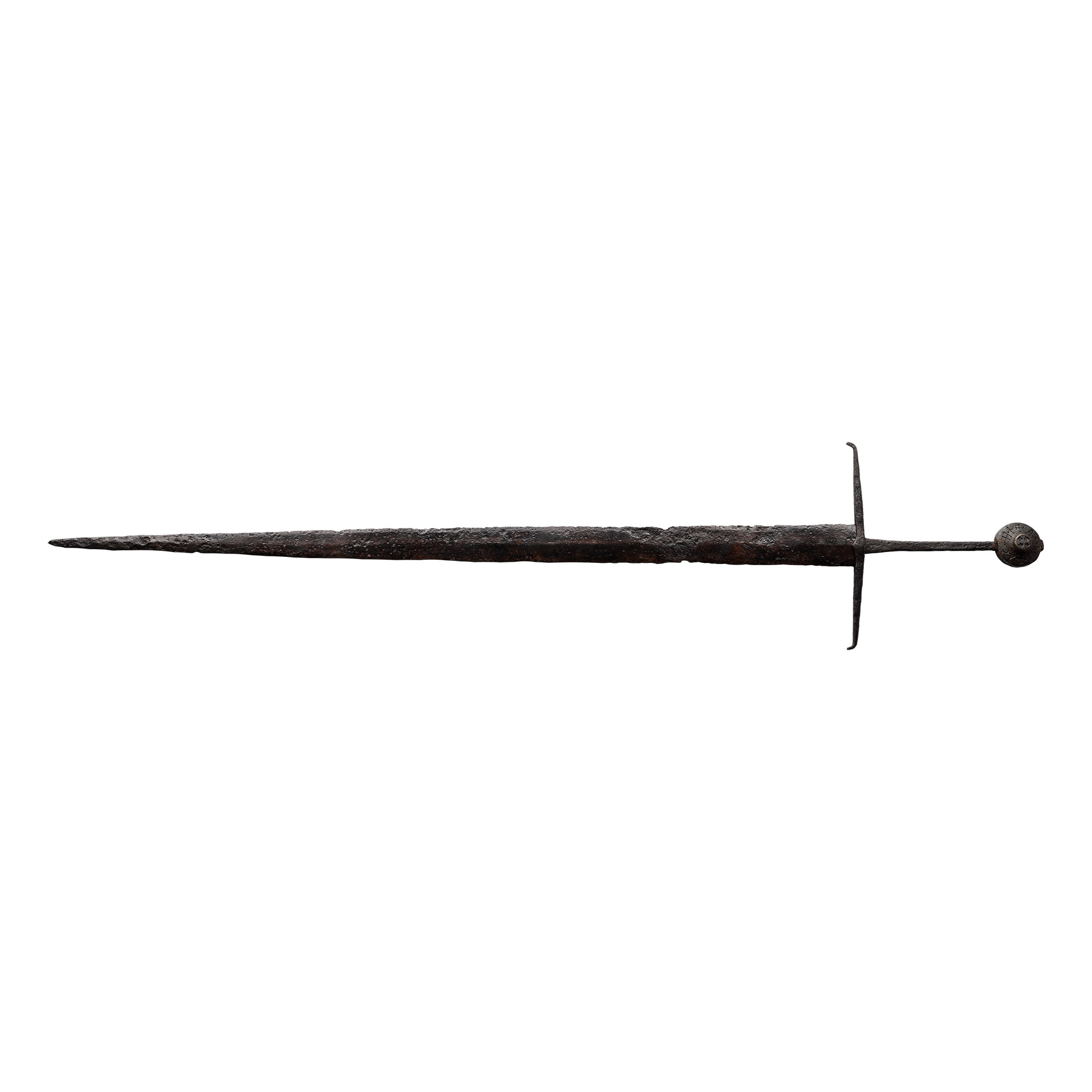 Medieval Knight's Iron Hand-and-a-Half Sword with Inscribed Bronze Pommel