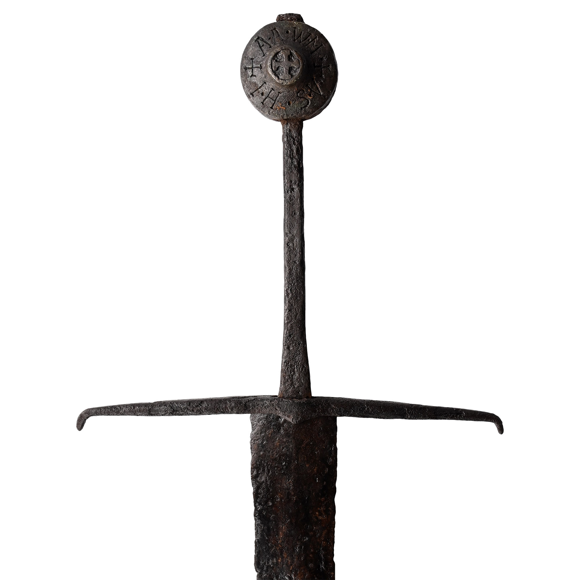 Medieval Knight's Iron Hand-and-a-Half Sword with Inscribed Bronze Pommel