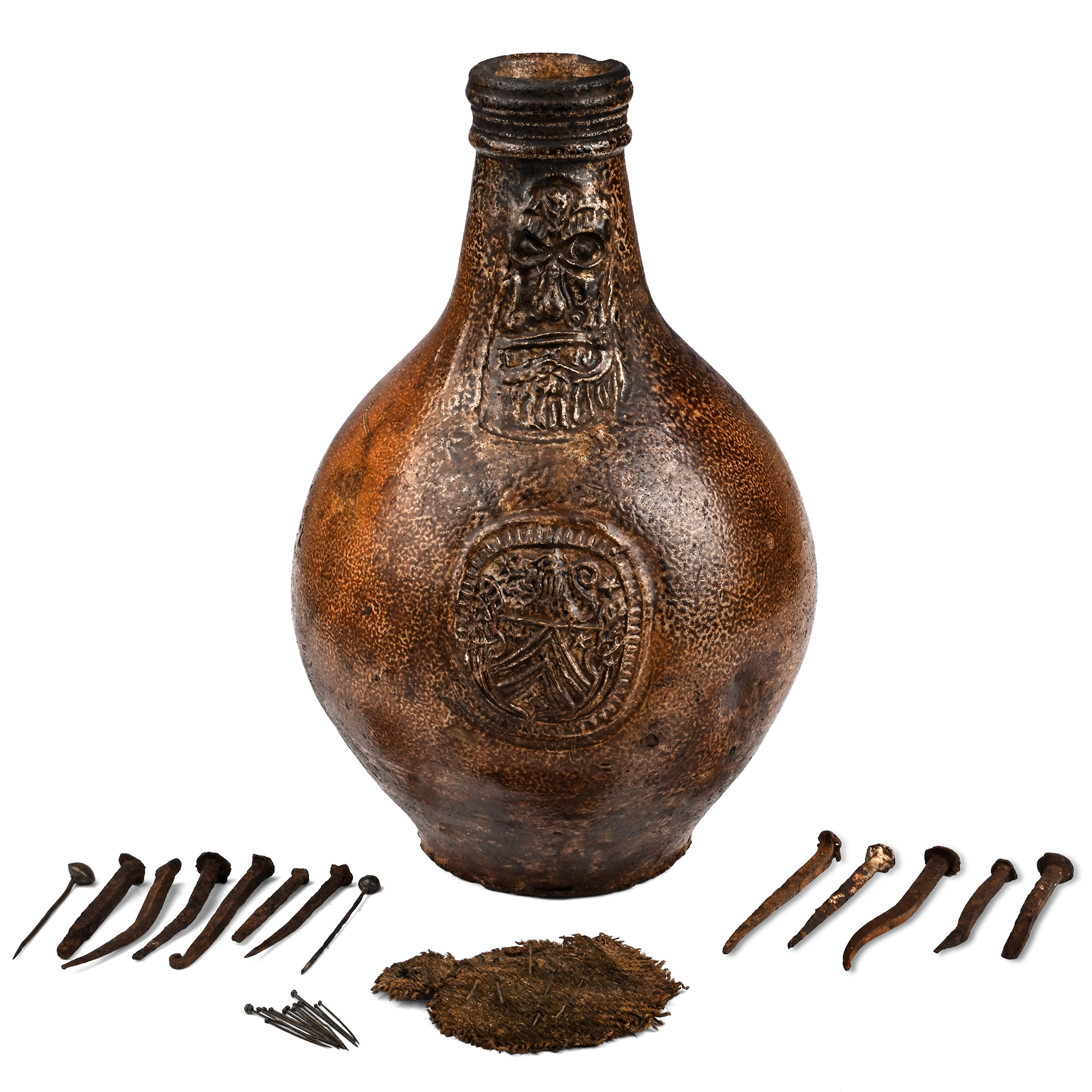 Very Large Glazed Bellarmine Witch's Bottle with Contents