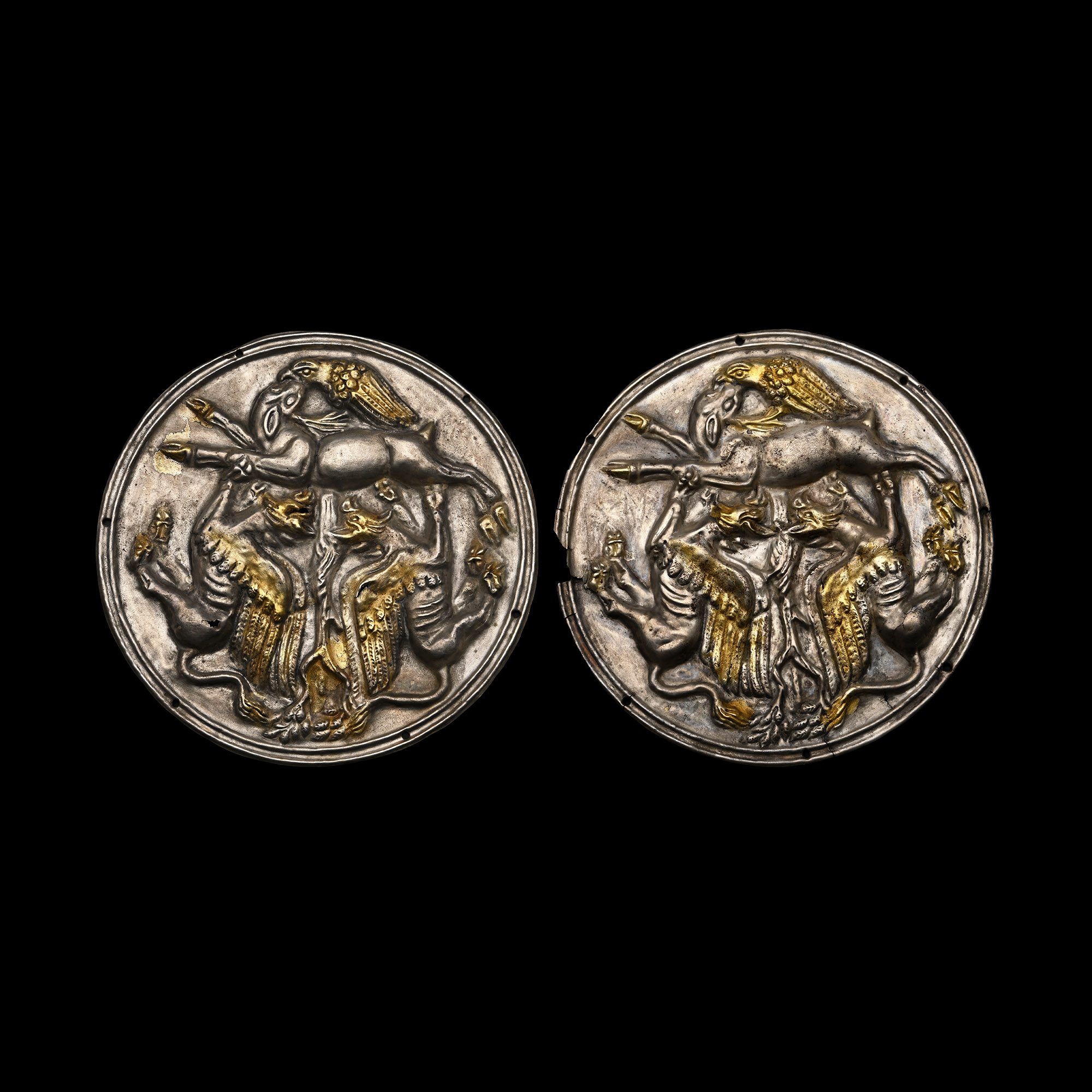 Greek Silver-Gilt Phalerae Depicting a Fight Between Gryphons, an Eagle and a Deer