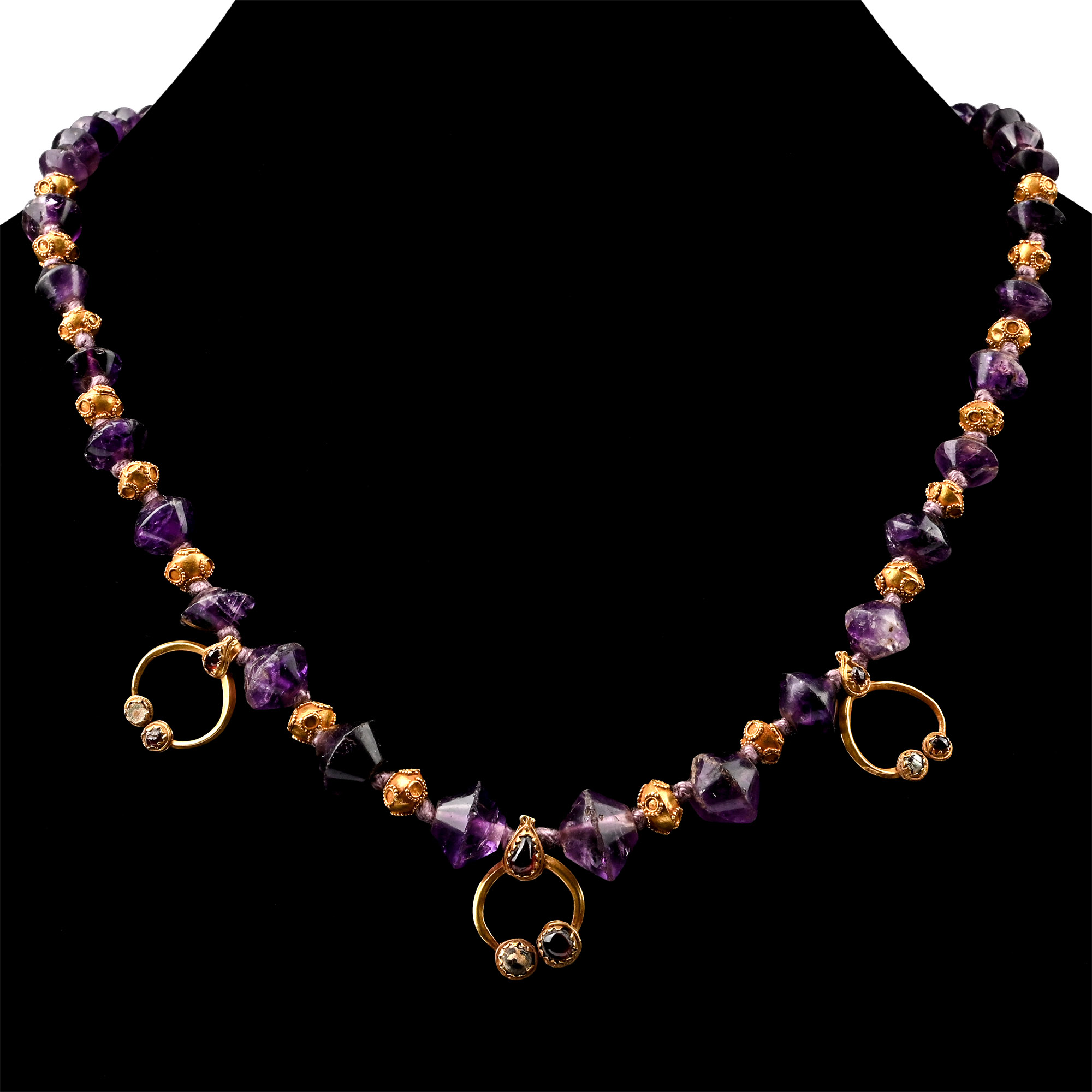 Roman Amethyst Necklace with Gold and Garnet Pendants
