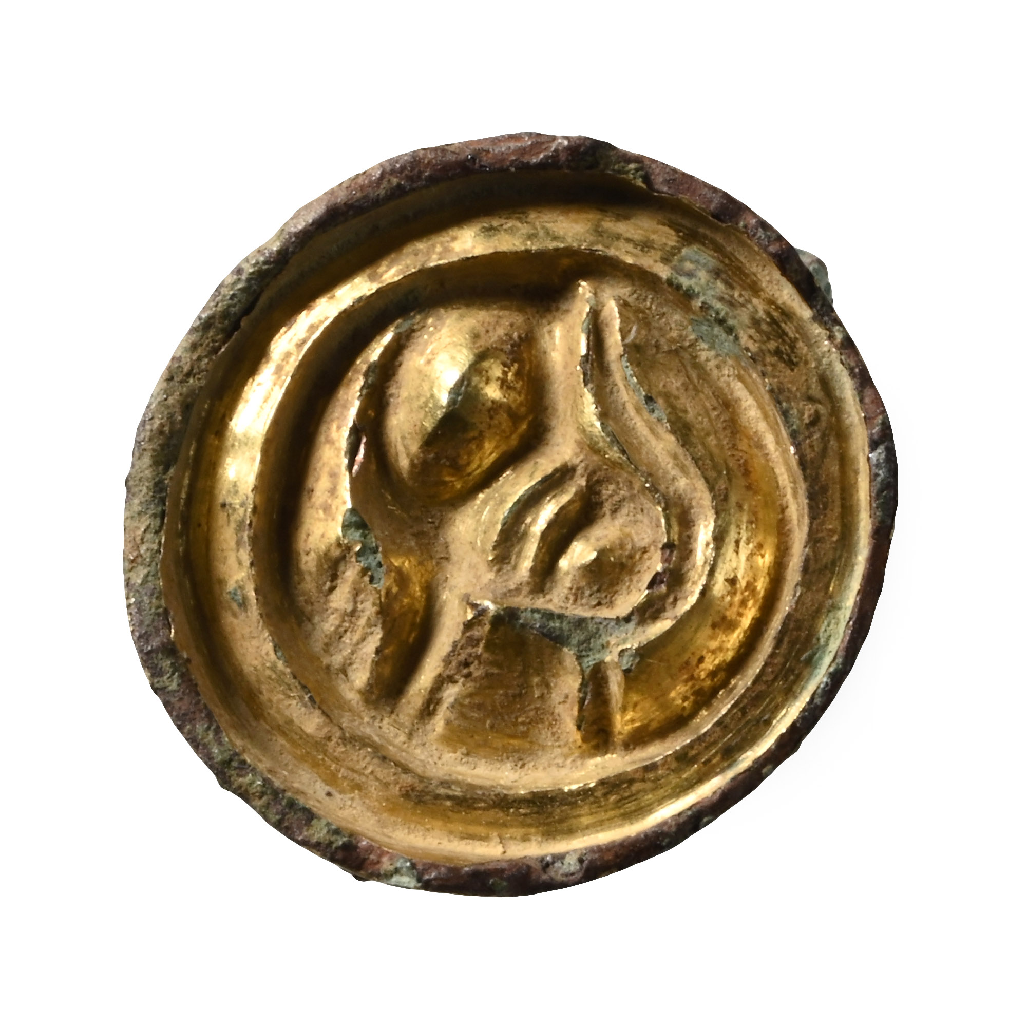 Anglo-Saxon Gilt Bronze Button Brooch with Helmetted Head