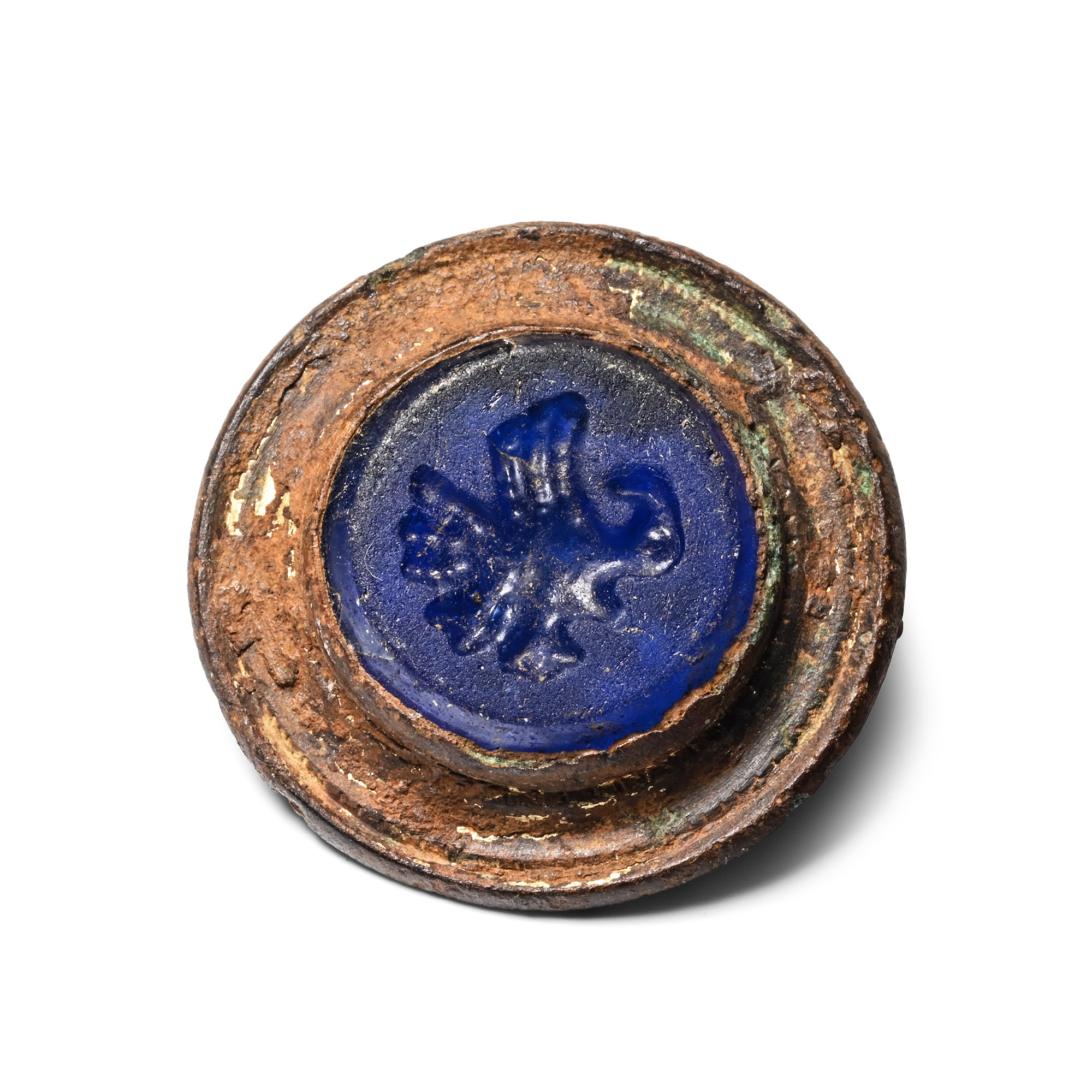 Roman Gilt Bronze Plate Brooch with Blue Eagle Intaglio