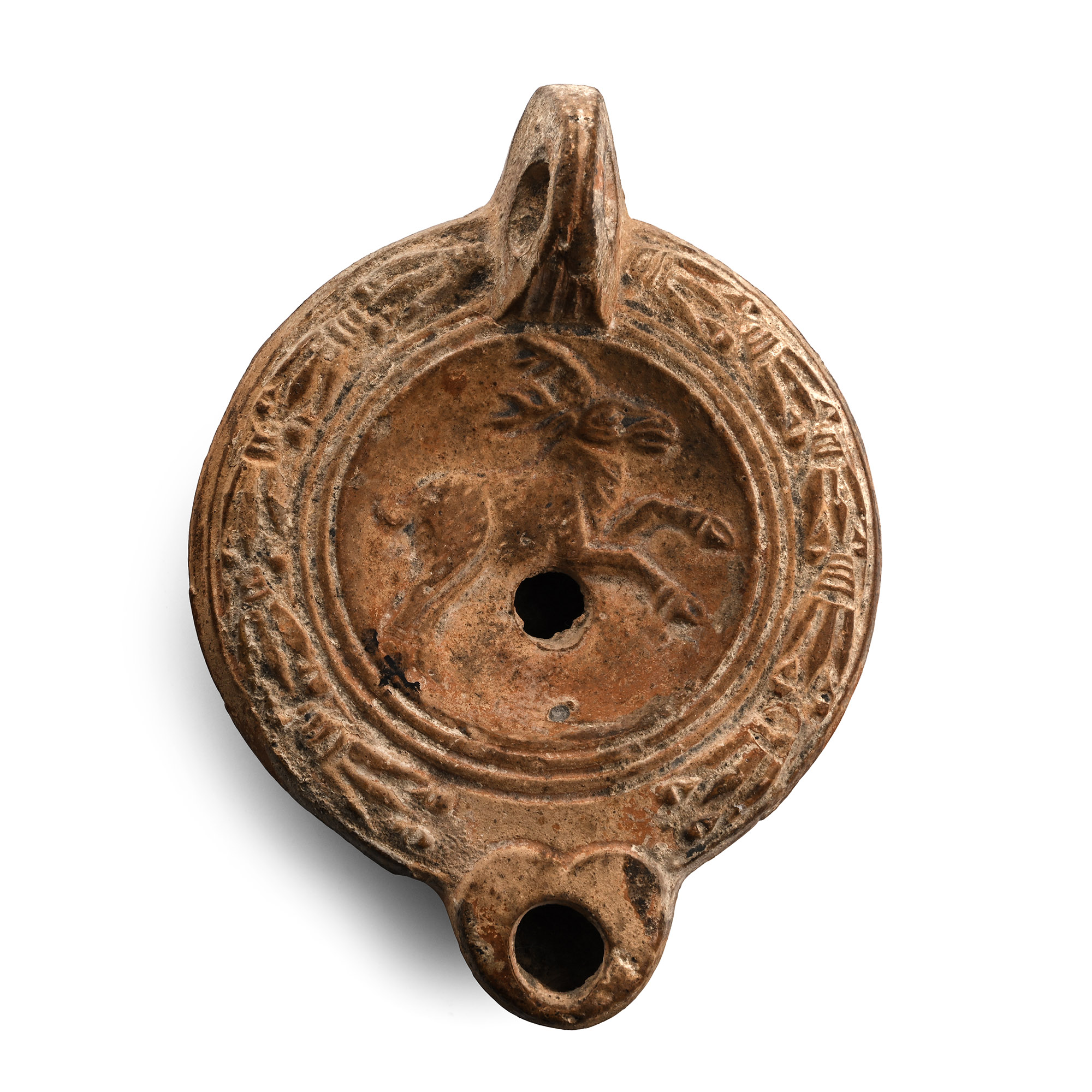 Roman Terracotta Oil Lamp with Rampant Stag