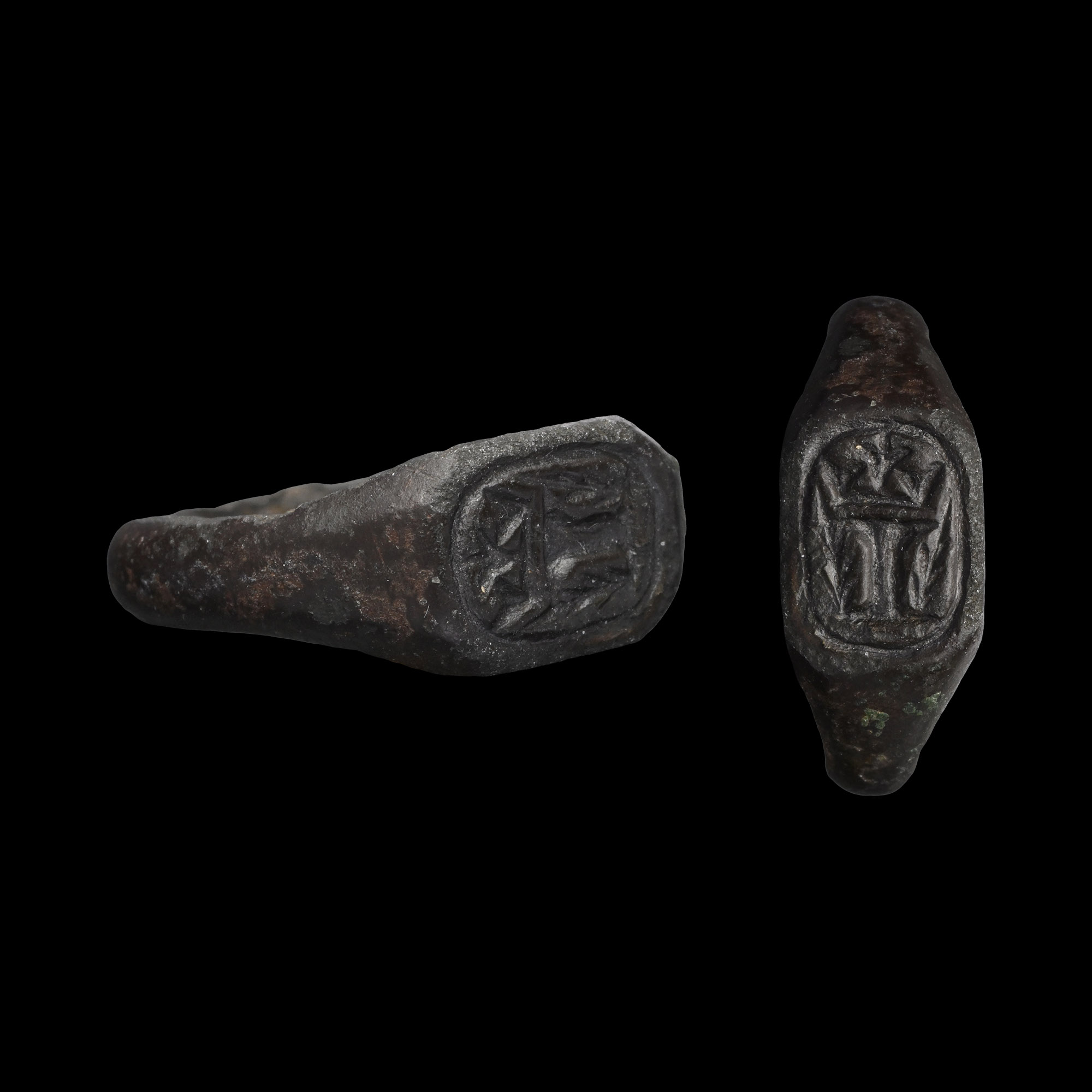 Large Medieval Bronze Signet Ring with Crowned I
