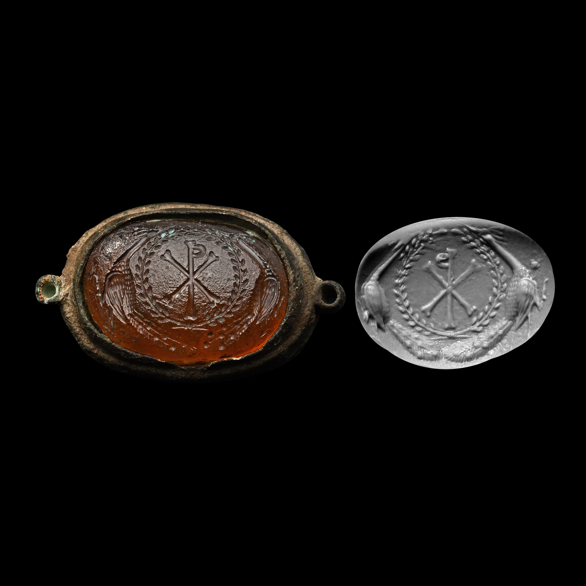 Byzantine Orange Glass Gemstone with Chi Rho Monogram and Peacocks in Laurel Wreath