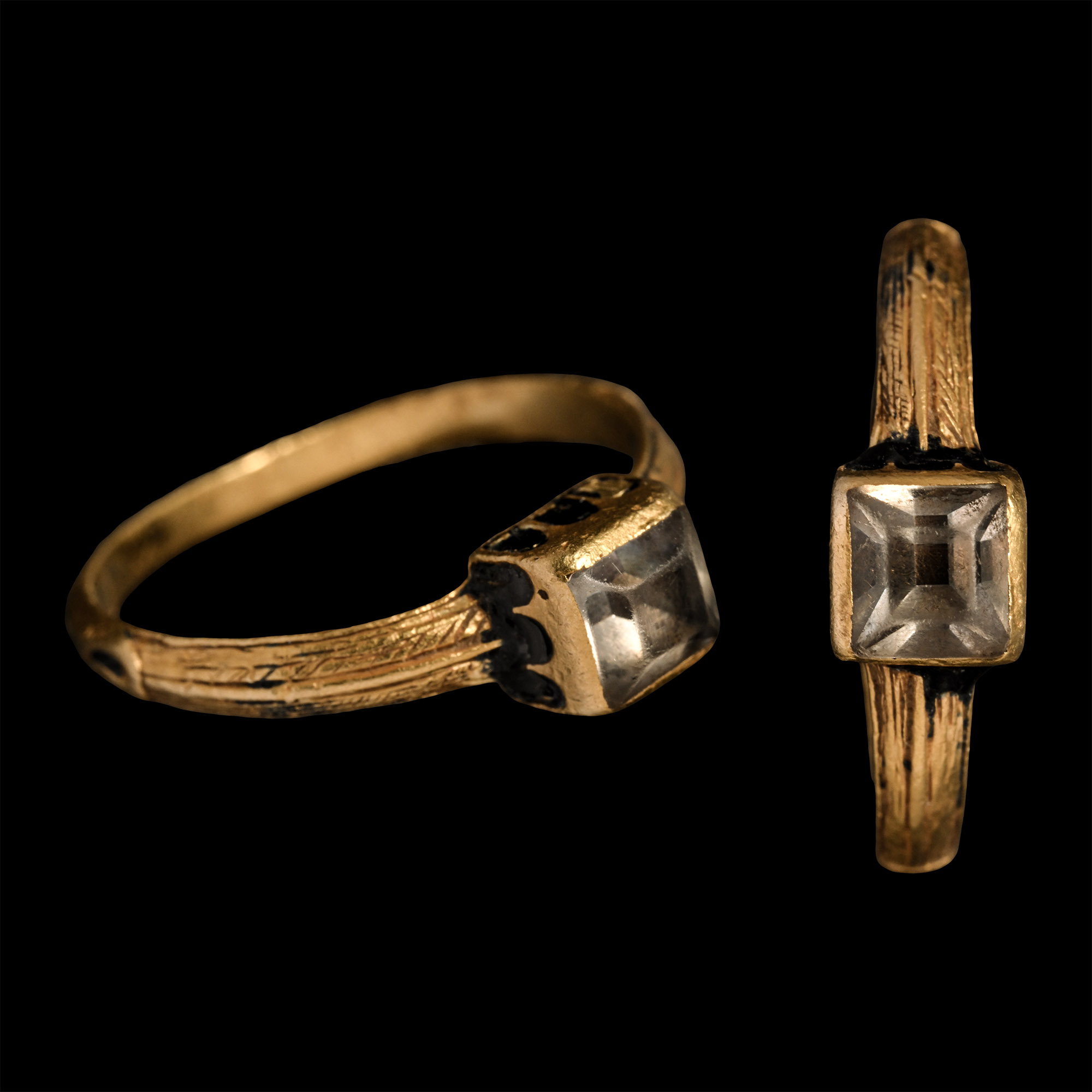 Post Medieval Enamelled Gold Ring with Table-Cut Rock Crystal Gemstone