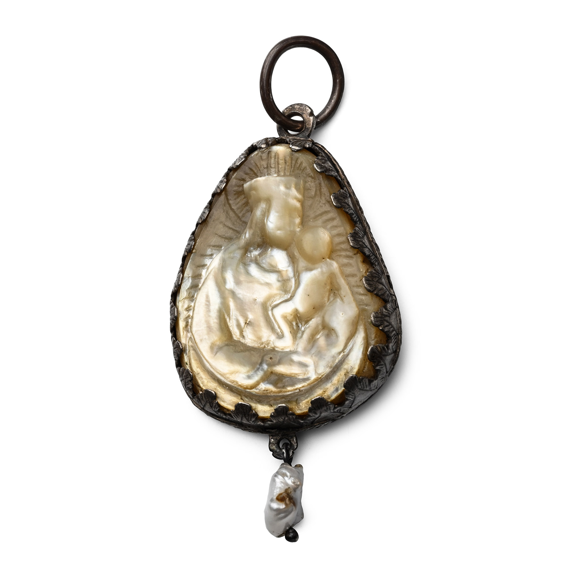 Medieval Silver Pendant with Mother-of-Pearl Scene of Virgin and Child