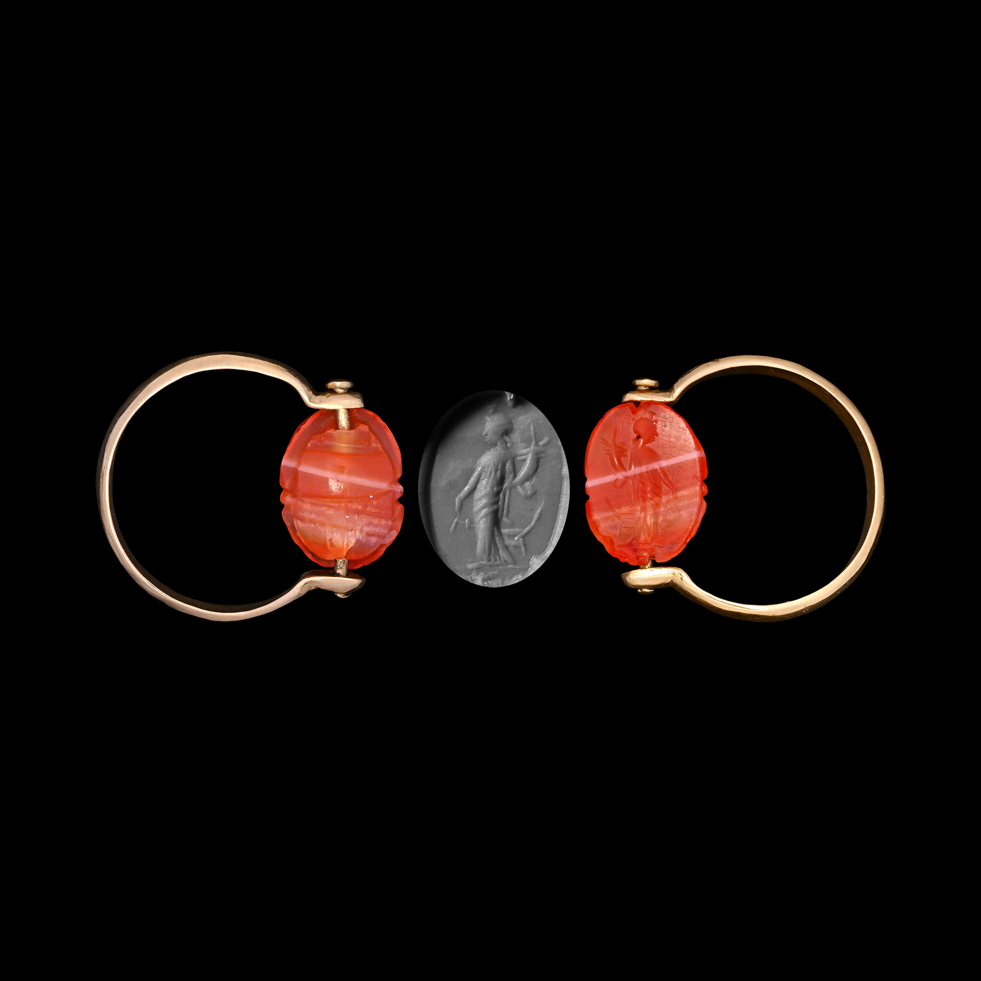 Roman Agate Scarab Engraved with the Goddess Fortuna Mounted in a Gold Ring