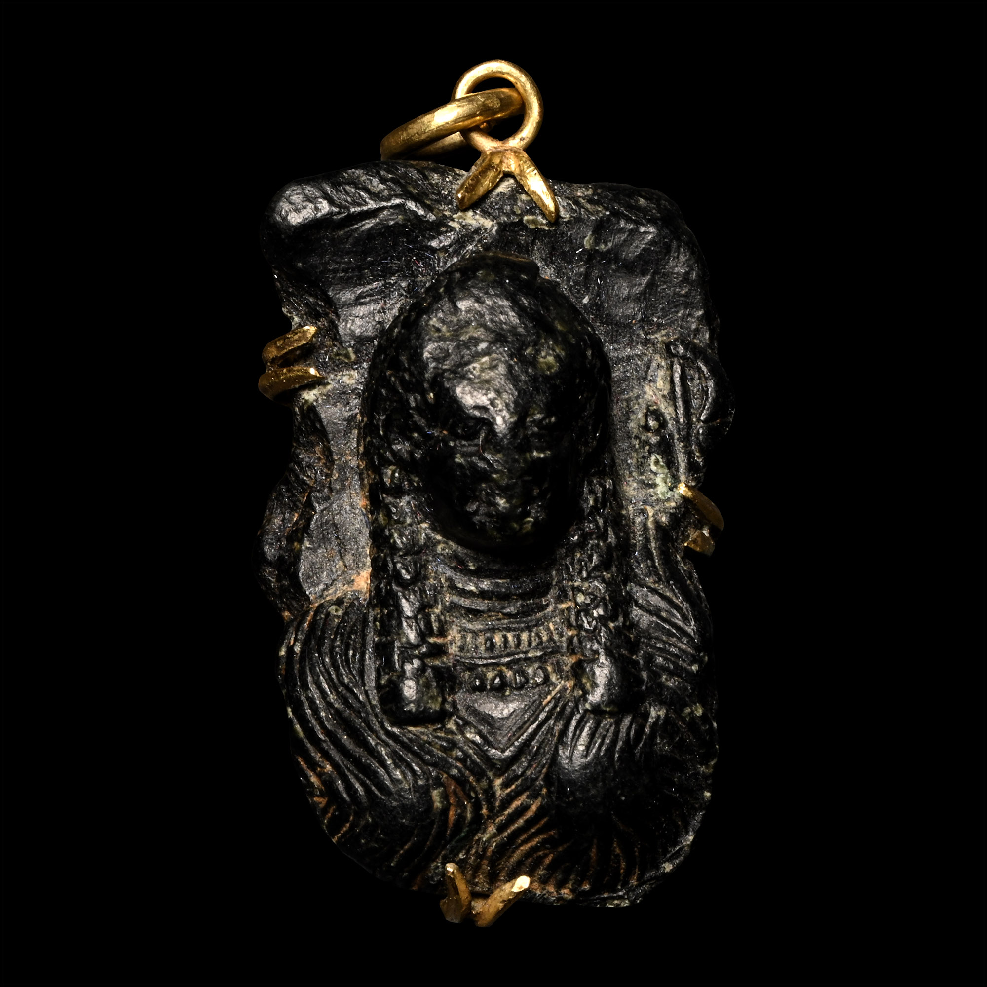 Egyptian Steatite Bust in a Gold Pendant