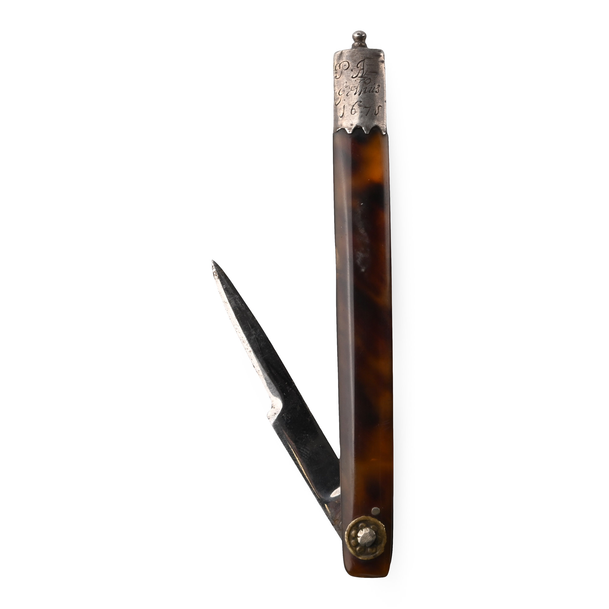 Post Medieval Razor and Silver Mounting Engraved with 'P A G E Wills, 1675'