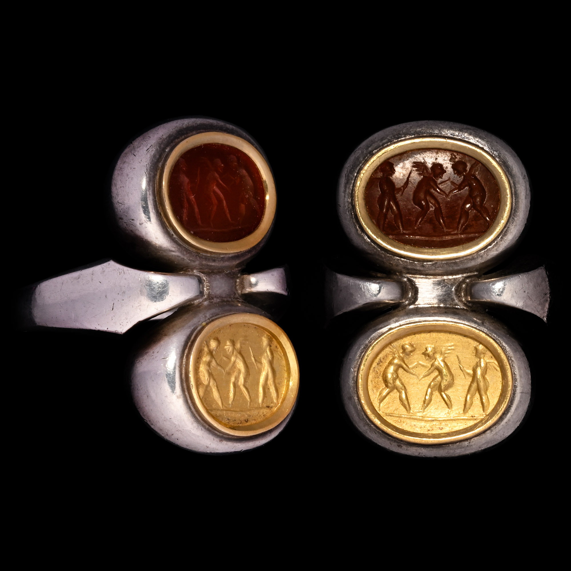 Roman Intaglio of Three Wrestling Erotes in Later Silver Ring