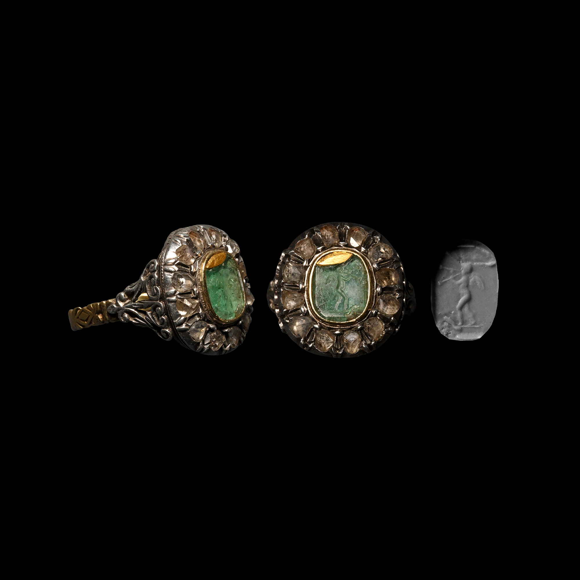 Diamond Locket Ring Set with Emerald Intaglio of Eros, the Greek God of Love, Playing Aulos